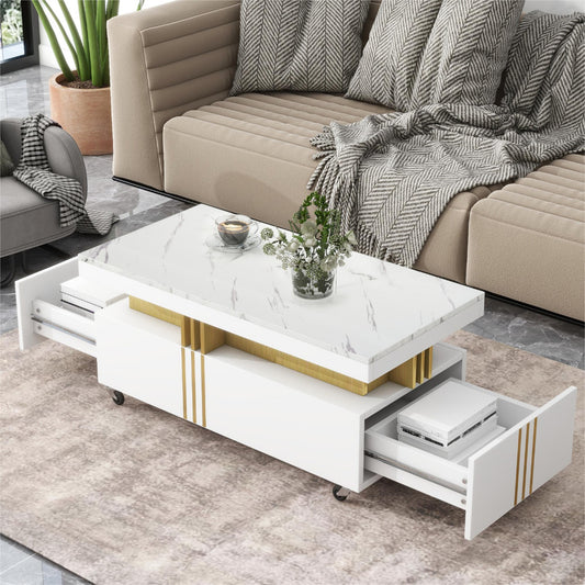 White marble top coffee table with gold accents and storage drawers