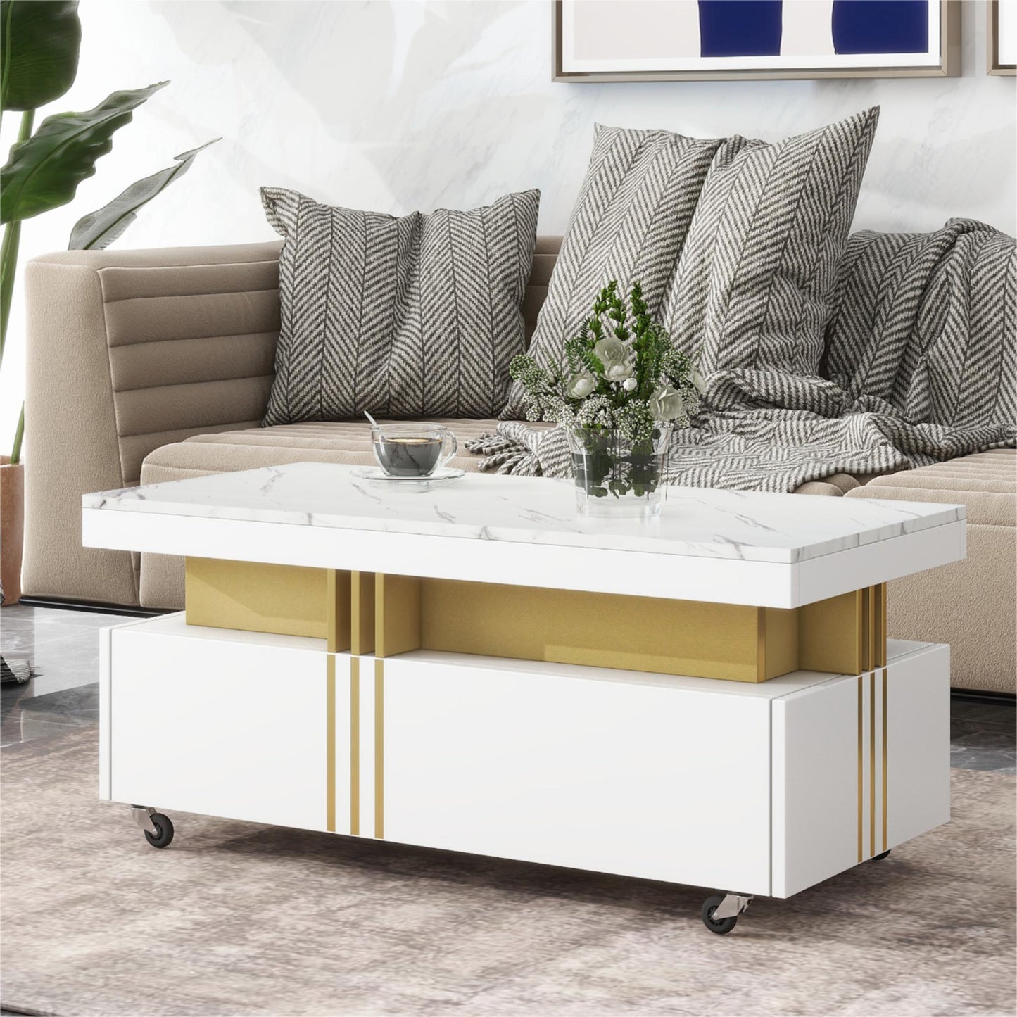Modern white coffee table with marble top and gold accents