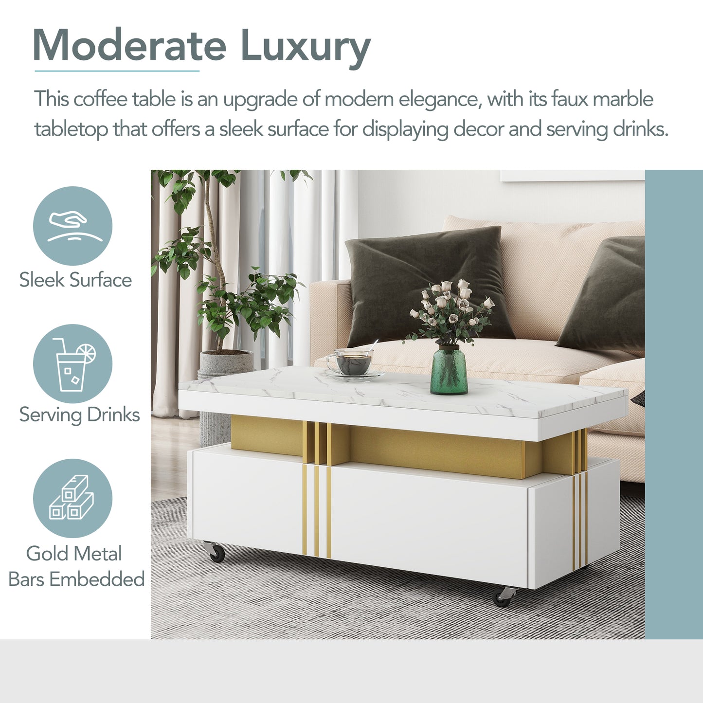 Modern white coffee table with faux marble top and gold accents