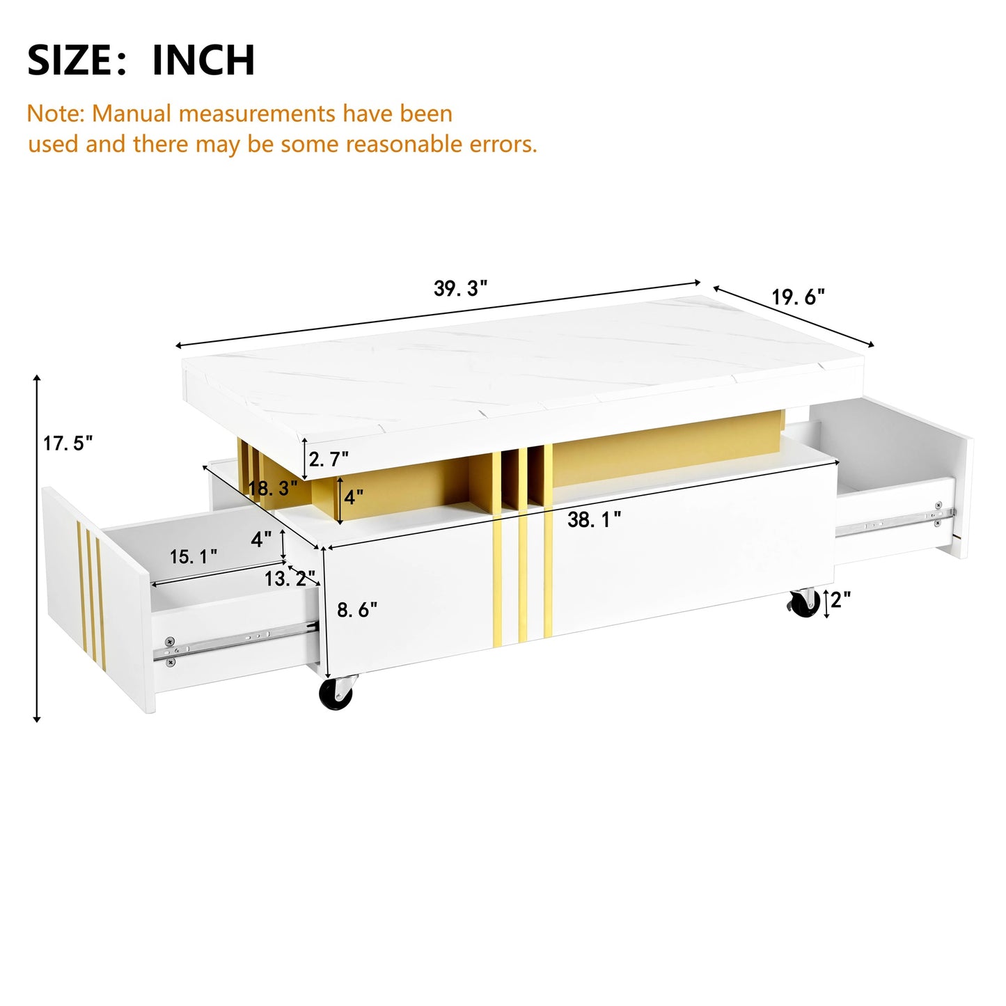 White marble top coffee table with gold accents and two drawers