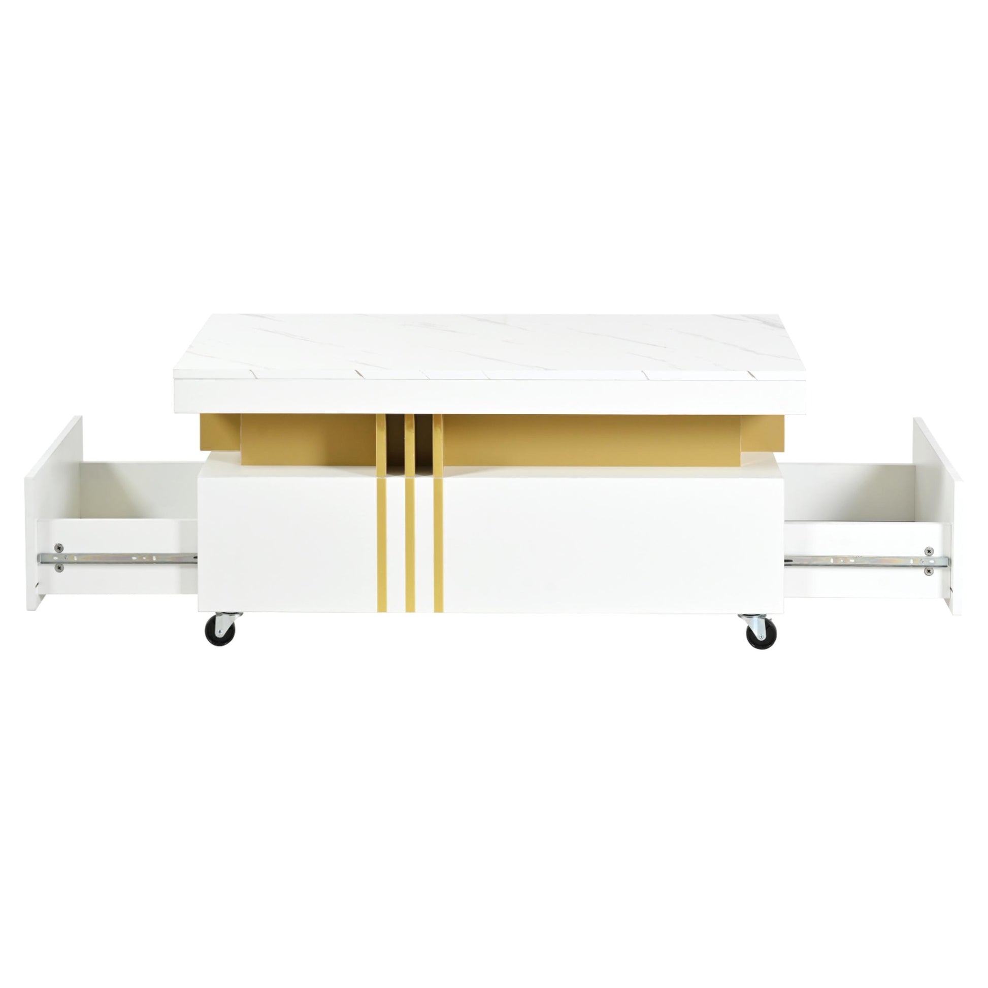 White marble top coffee table with gold accents and storage