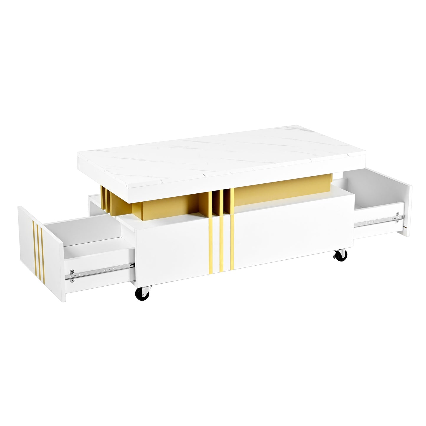 White modern coffee table with marble top and gold accents