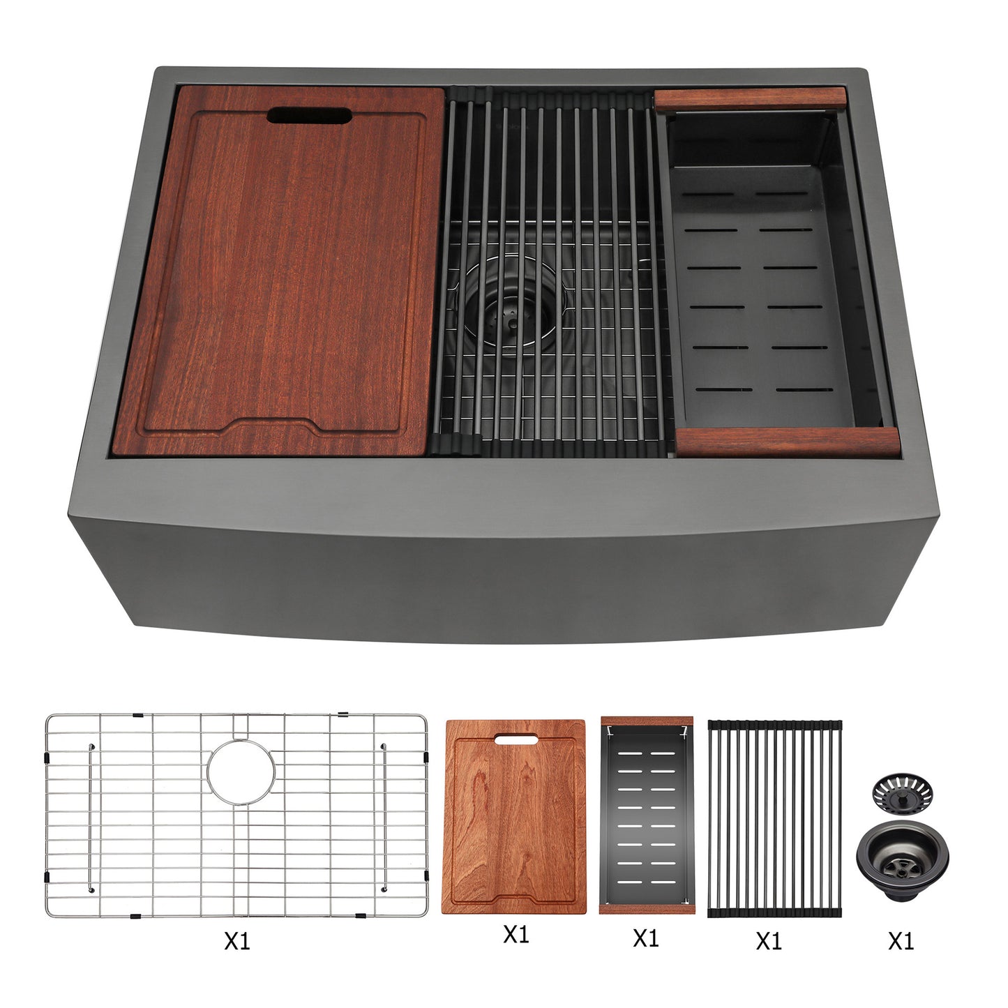 Charcoal farmhouse sink with wood cutting board and drying rack