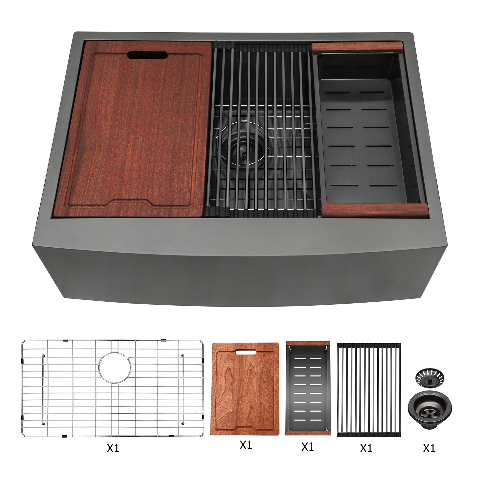 Charcoal farmhouse sink with wood cutting board and drying rack