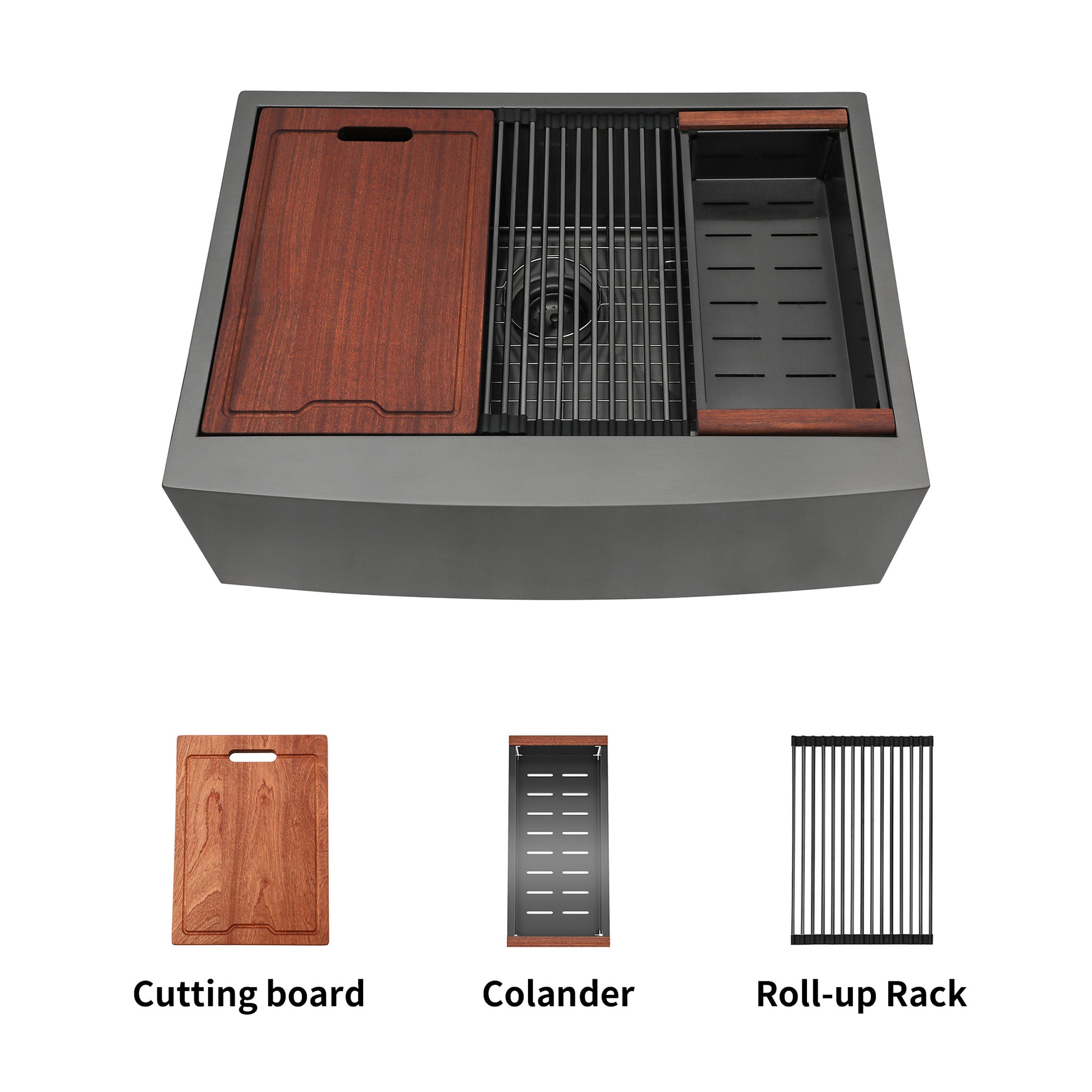 Stainless steel farmhouse sink with integrated cherry wood cutting board and drain rack