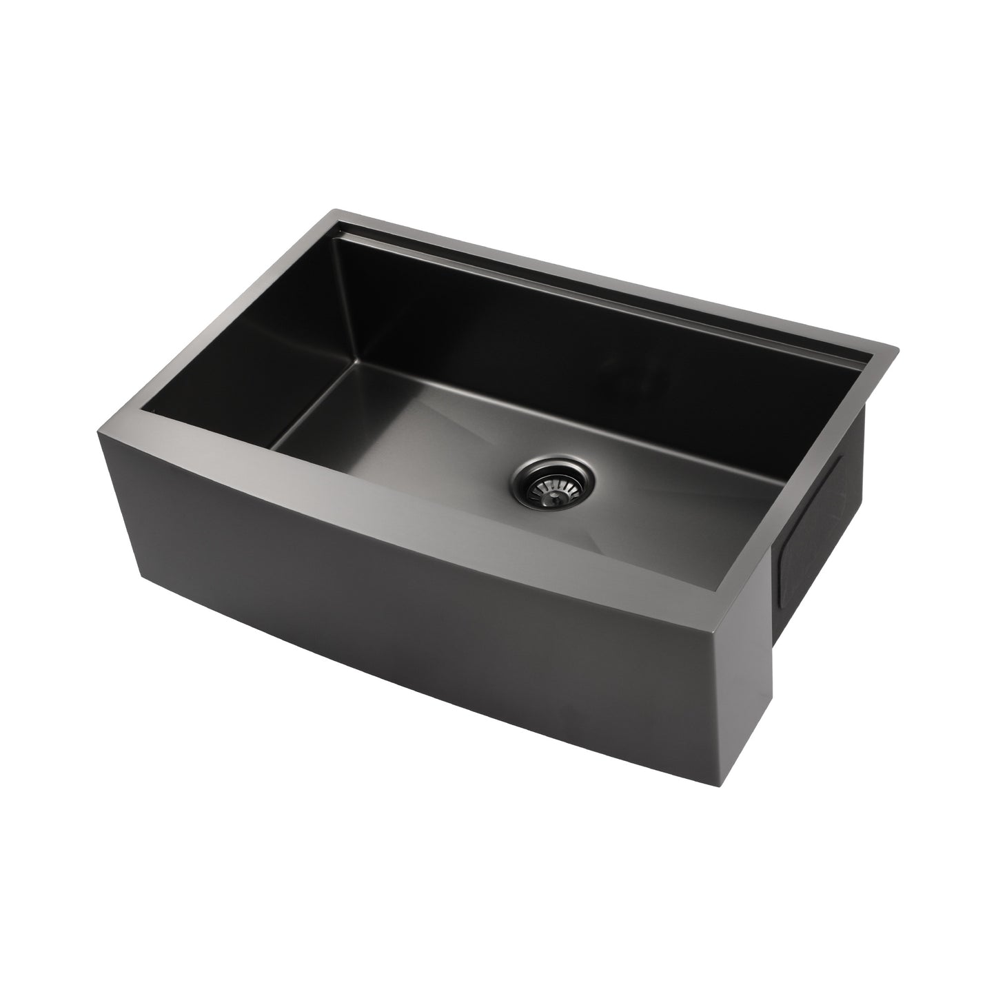 Matte black stainless steel farmhouse sink with apron front and single bowl