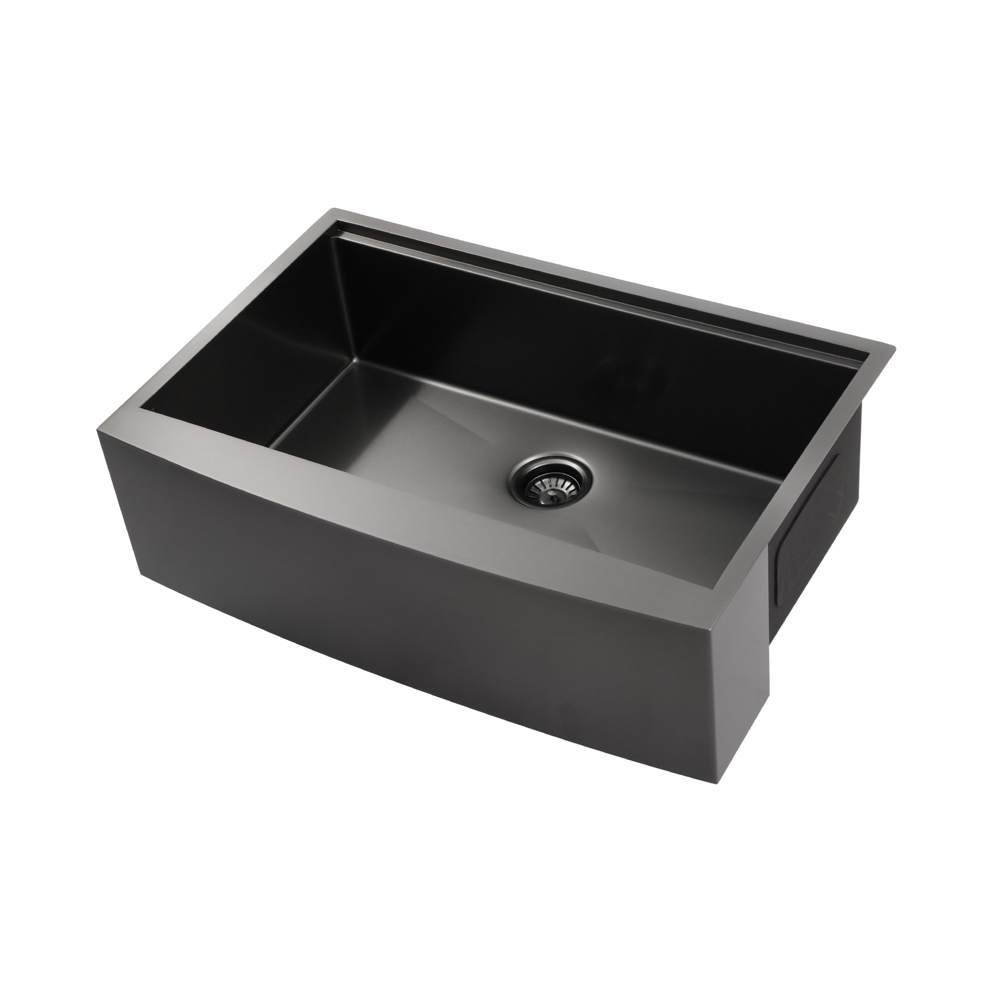 Matte black stainless steel farmhouse sink with apron front and single bowl