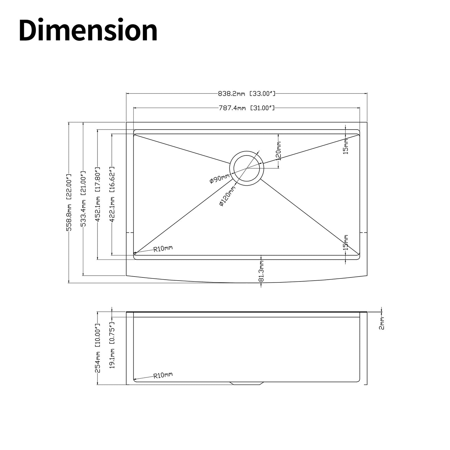 Detailed dimension drawing of a  inch stainless steel undermount sink with drain hole