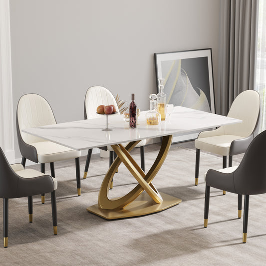 Modern white marble dining table with gold pedestal base and upholstered chairs