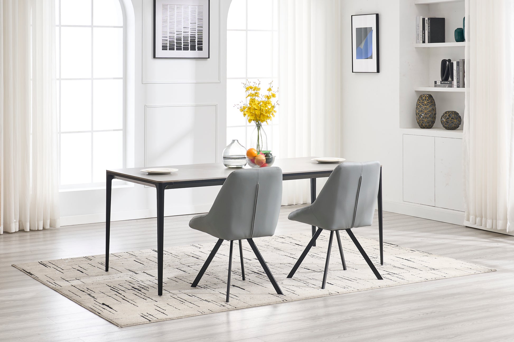 Gray leather dining chair with black metal legs