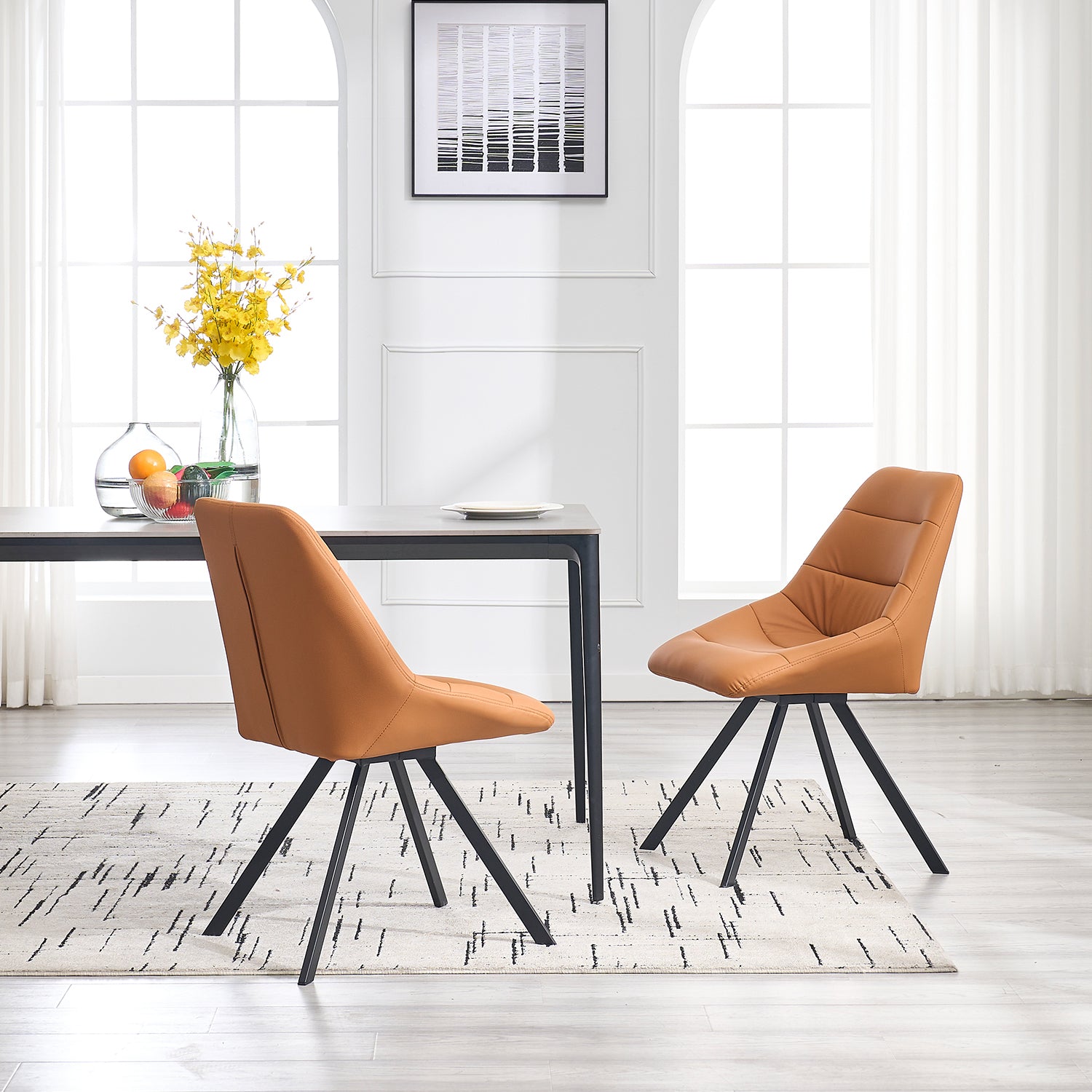 Tan faux leather dining chair with black metal legs