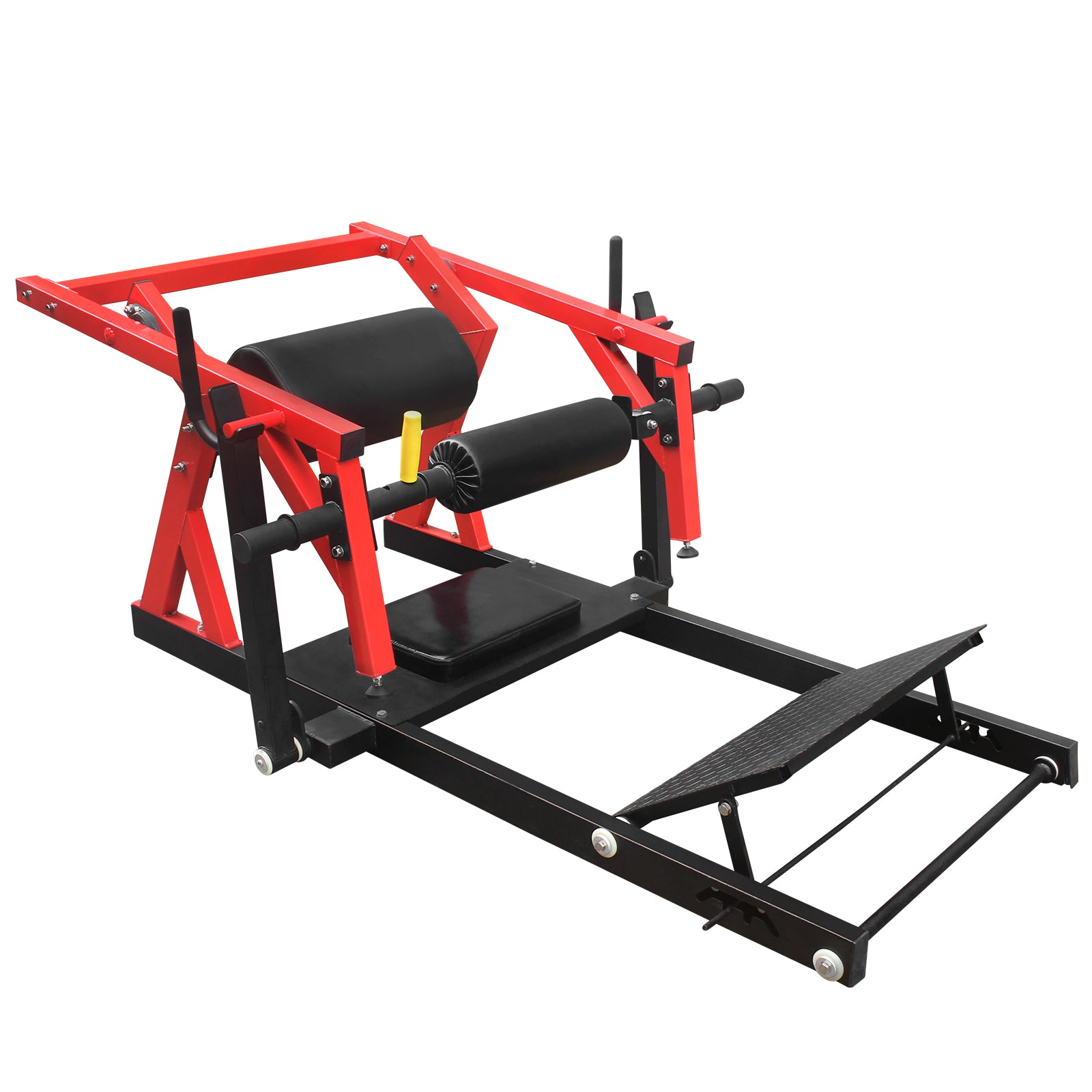 Red and black plate loaded hack squat machine with padded shoulder and back rests
