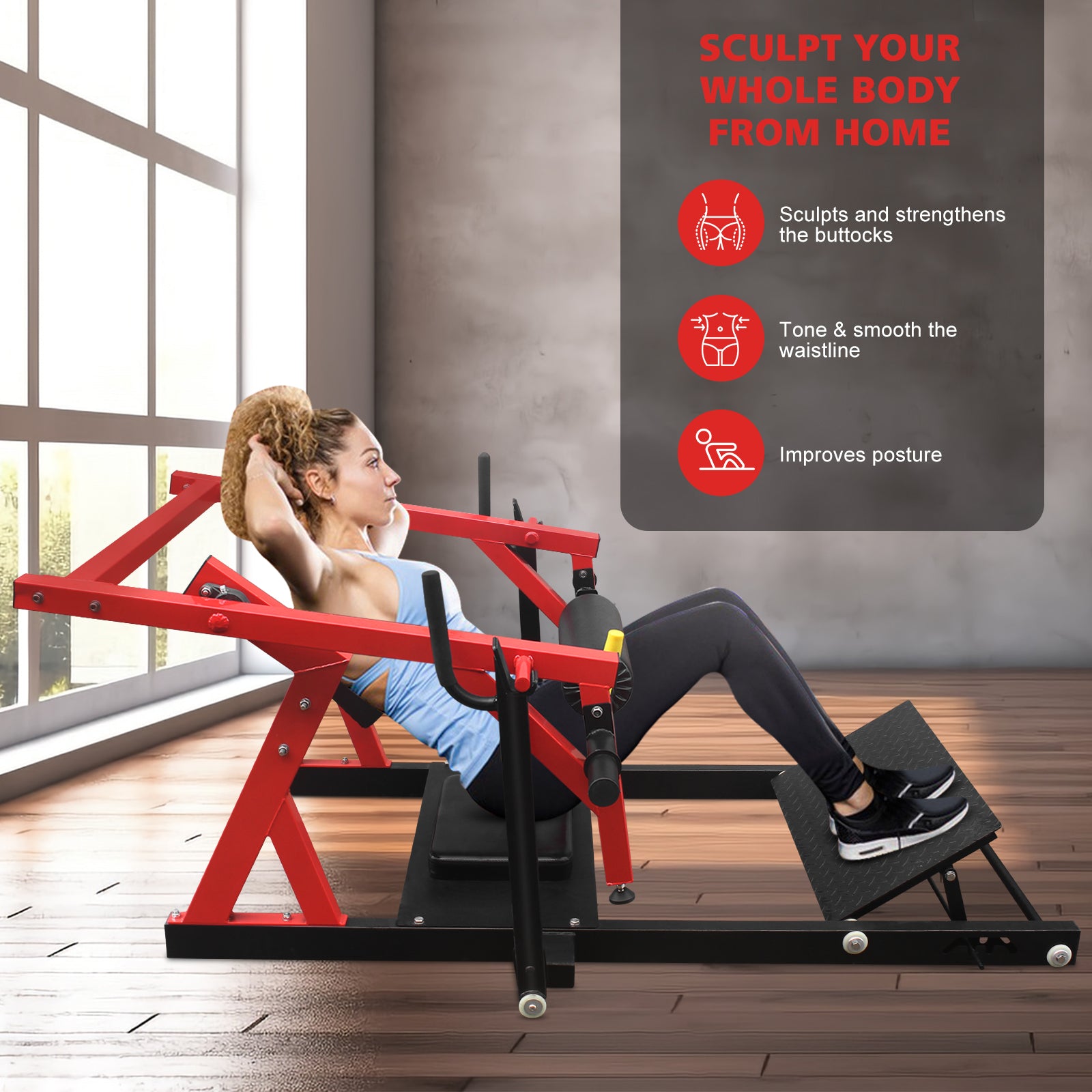 Red multipurpose home gym machine with woman performing exercise