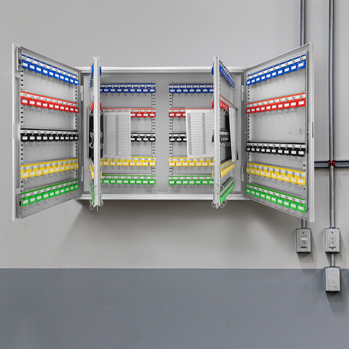 Metal key cabinet with colorcoded hooks for organized key storage
