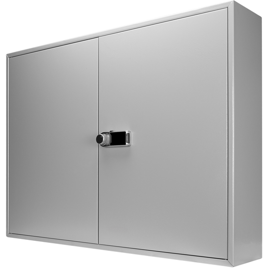Gray metal wall cabinet with combination lock