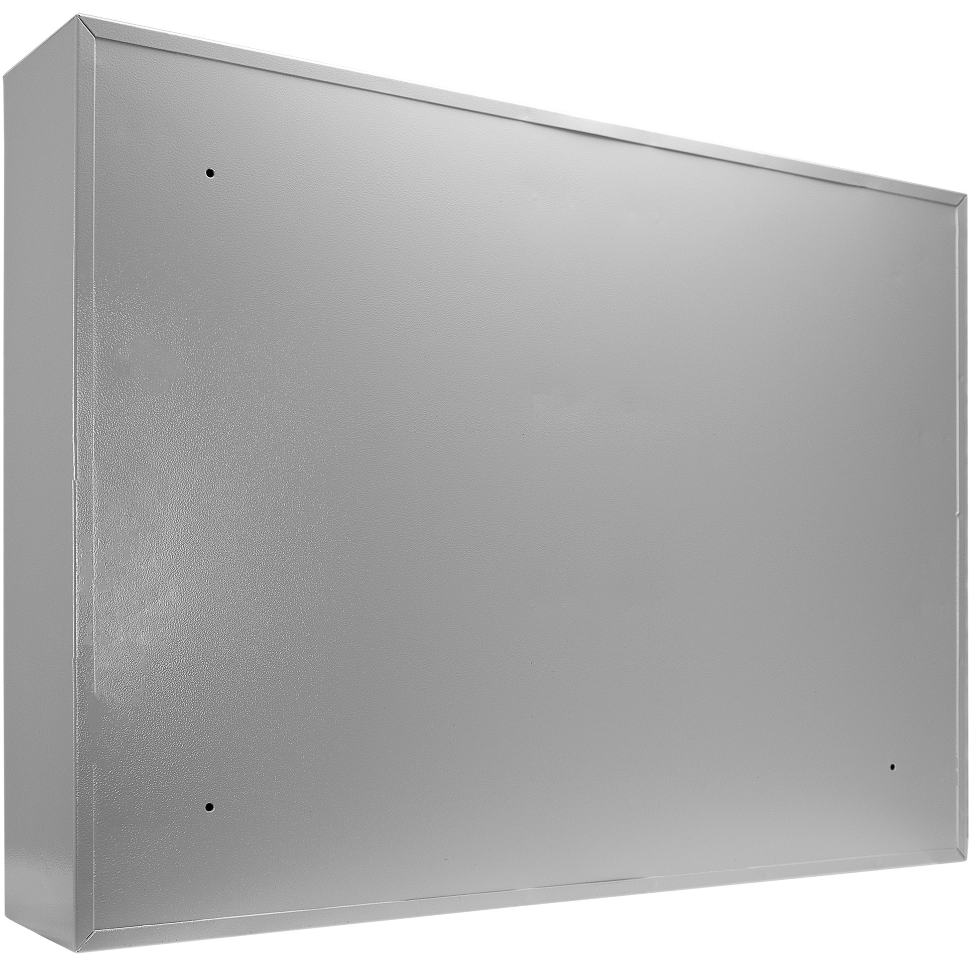 Gray metal wall safe with embossed texture and mounting holes