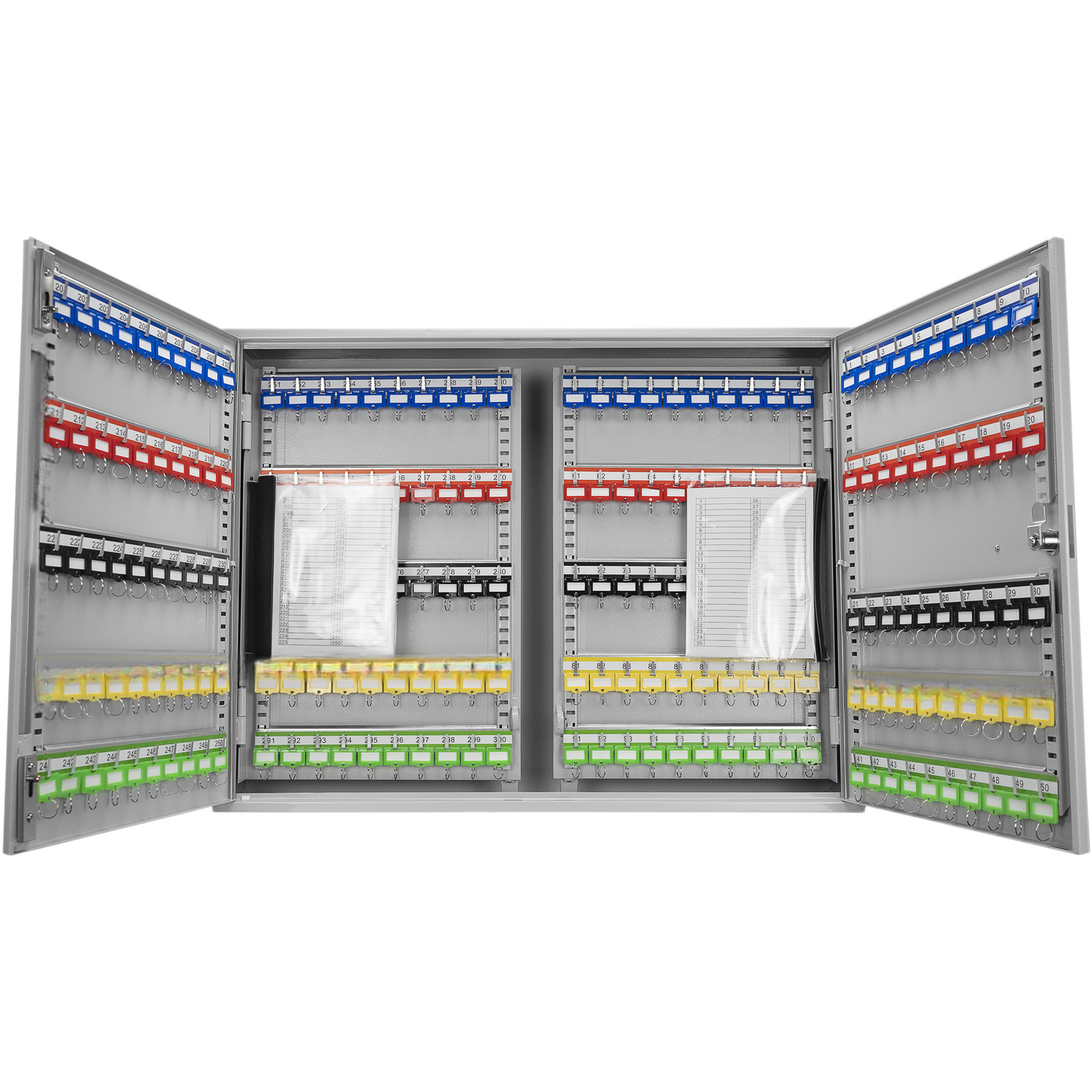 Gray metal key cabinet with  numbered key hooks and colorcoded tags