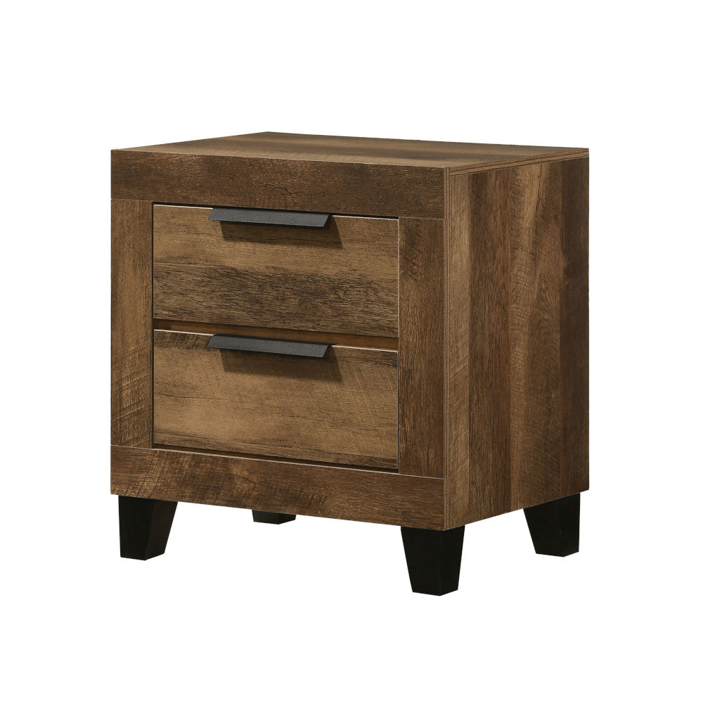 Rustic oak wood drawer nightstand with black metal handles