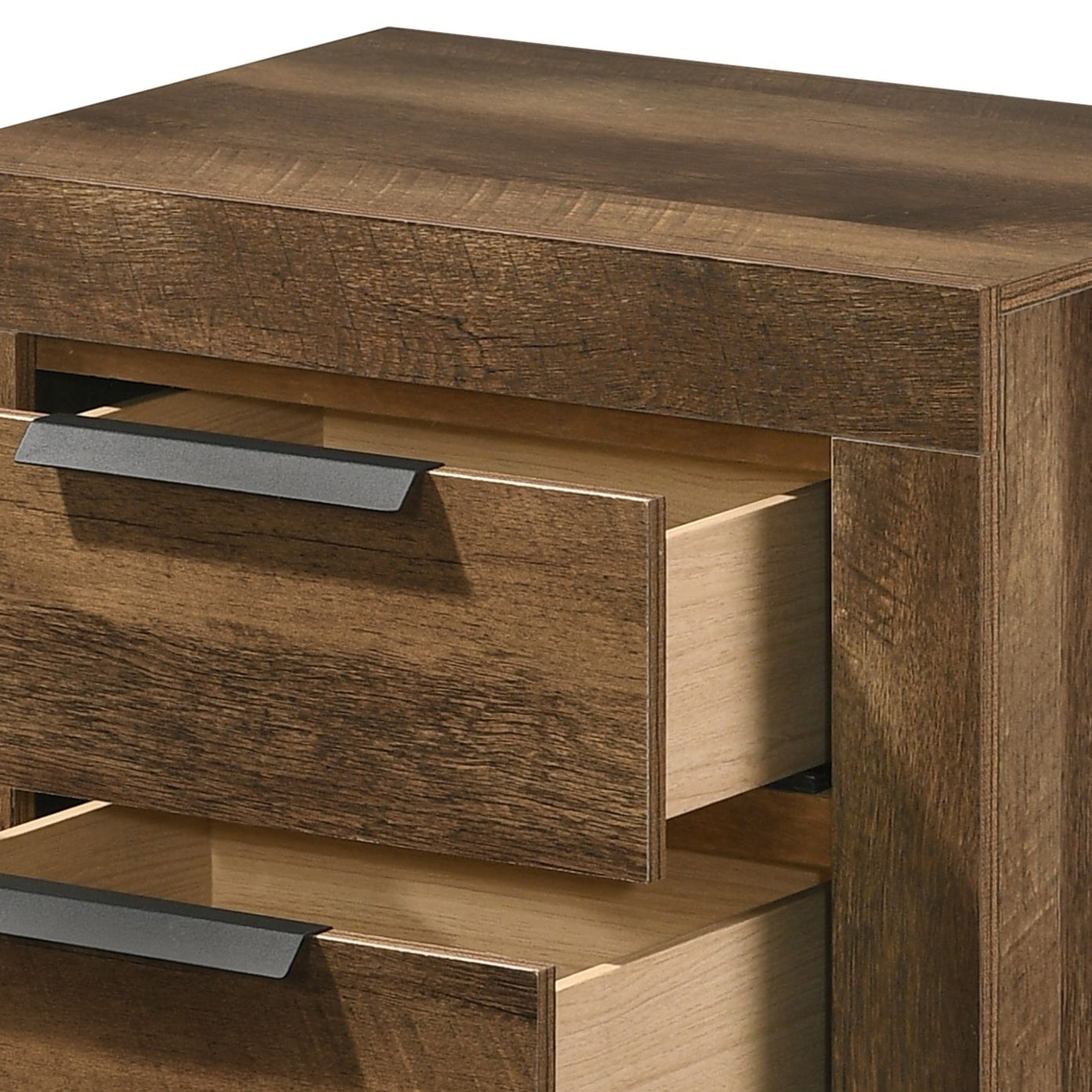 Rustic brown wood veneer nightstand with two open drawers and black metal handles