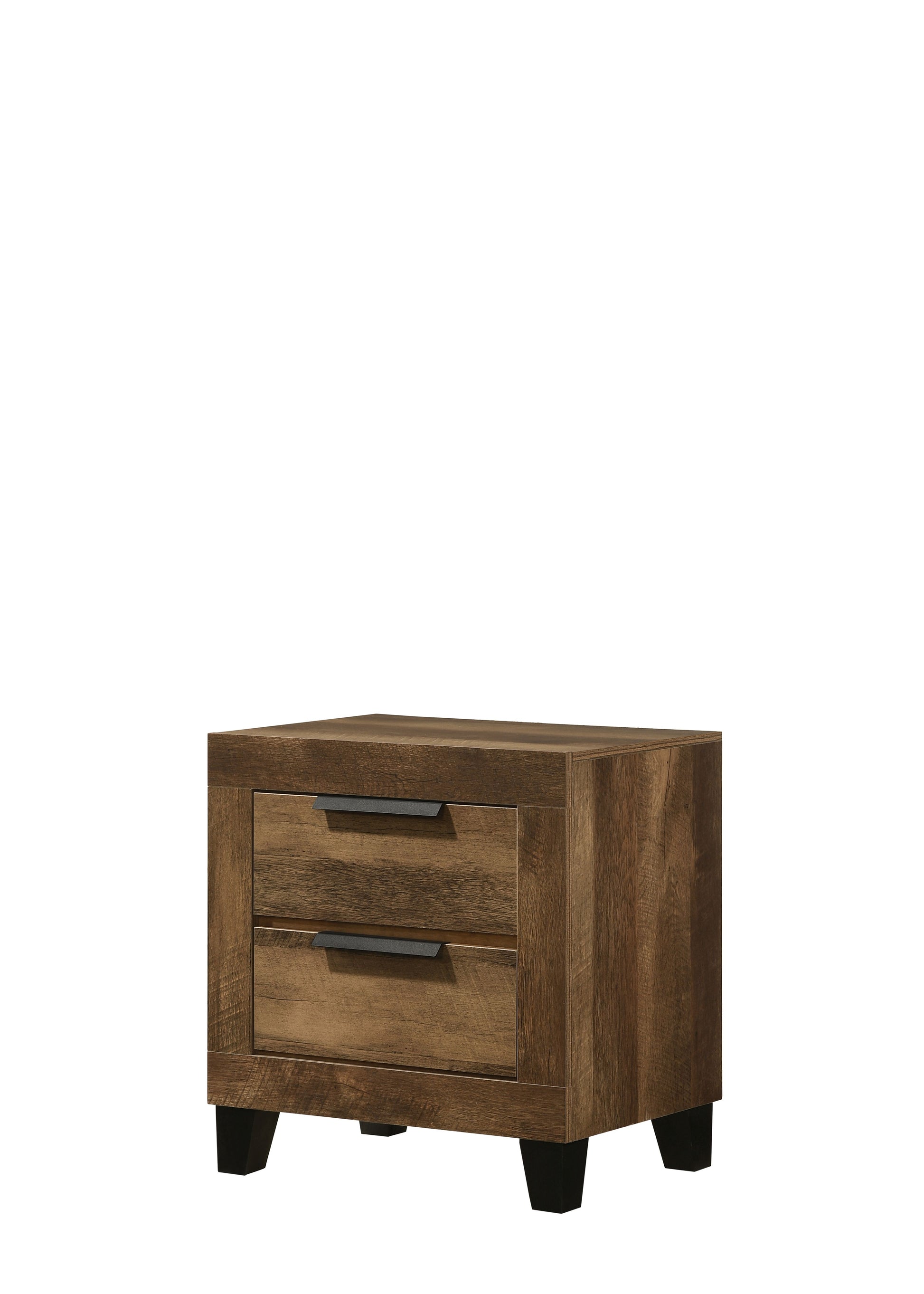 Rustic oak veneer nightstand with two drawers and black handles