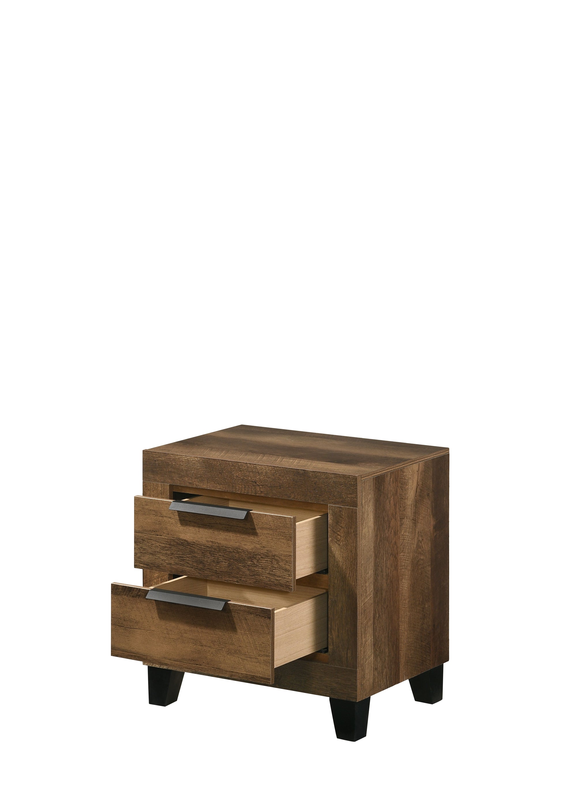 Rustic oak veneer twodrawer nightstand with black metal handles