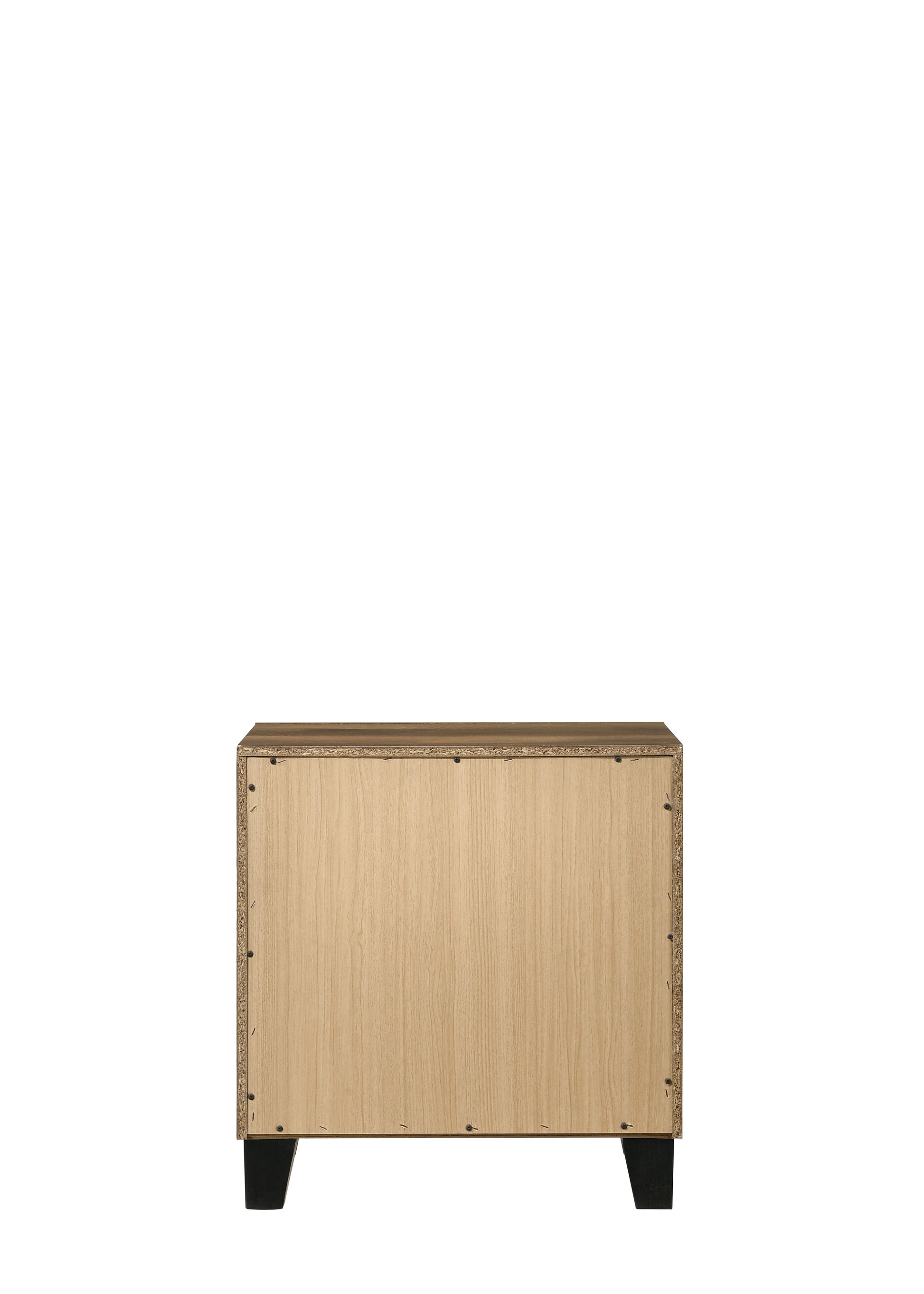 Back view of a light oak laminate dresser with black tapered feet