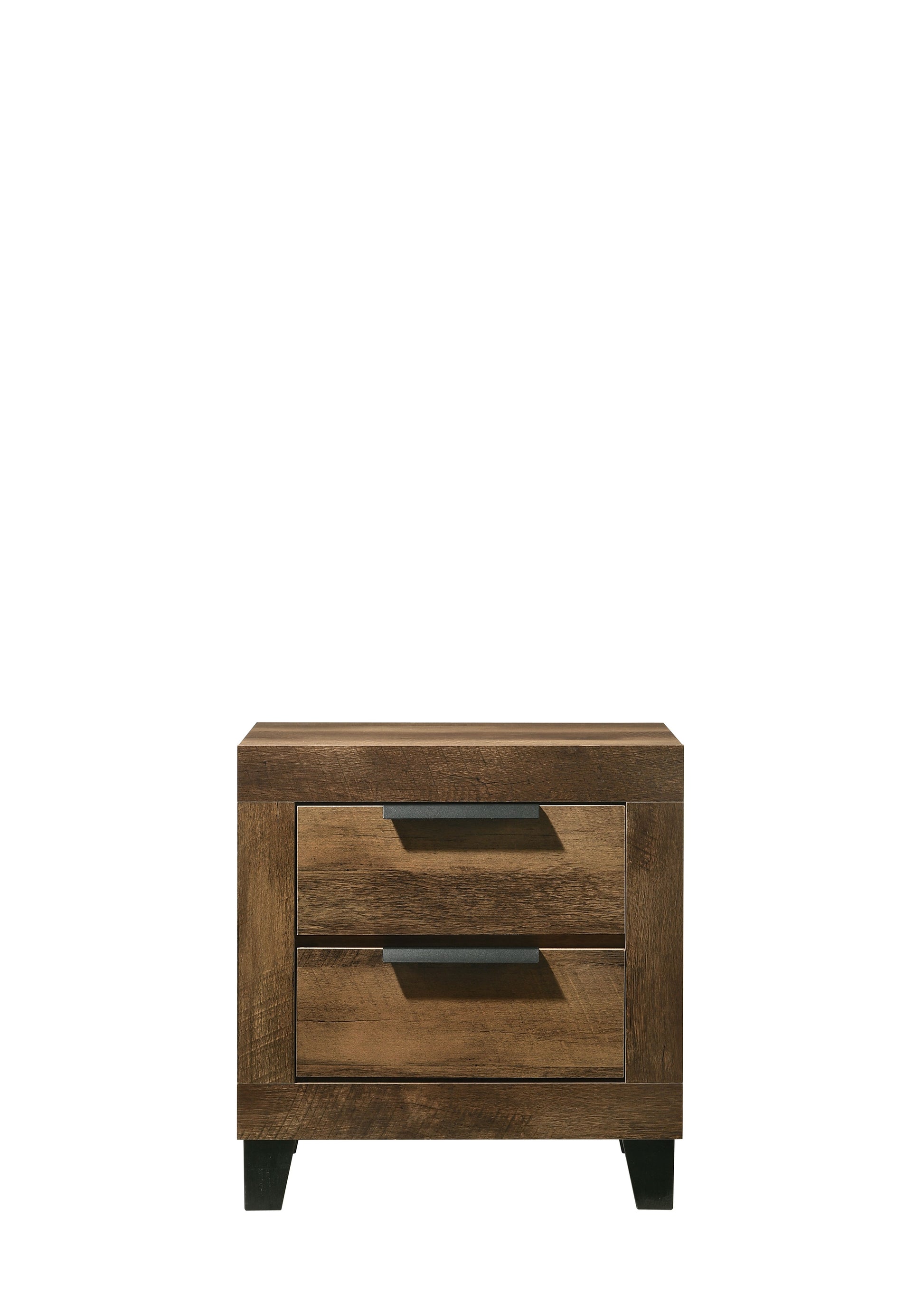 Rustic brown wood nightstand with two drawers and black handles