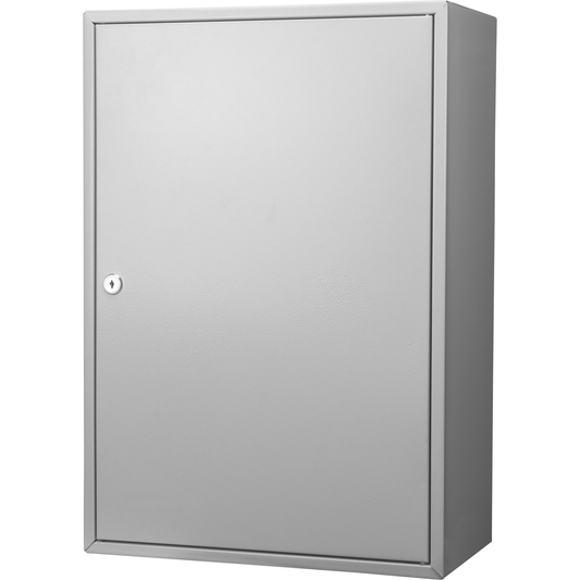 Gray metal wallmounted medicine cabinet with a single locking door and keyed lock