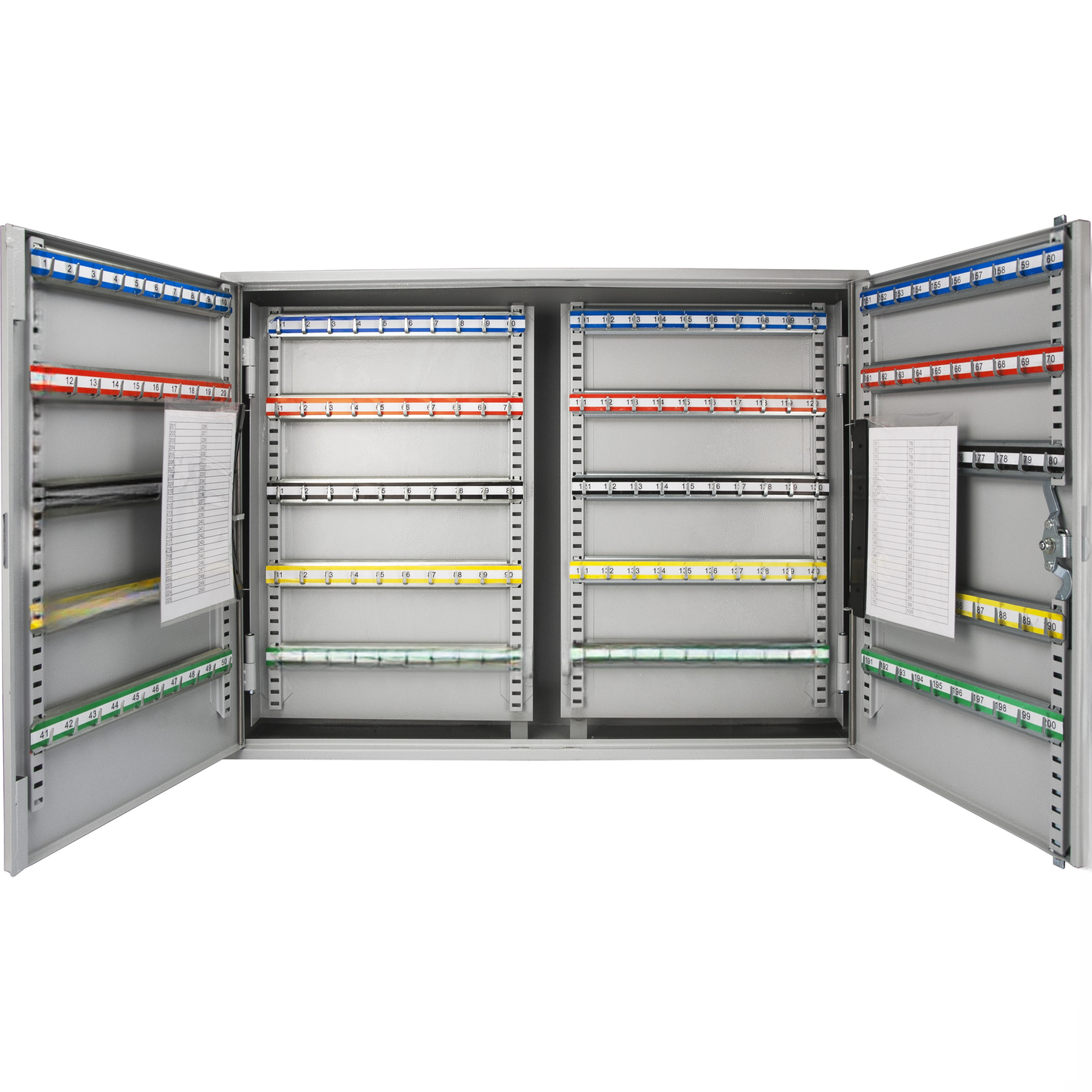Gray metal key cabinet with  numbered slots and open doors