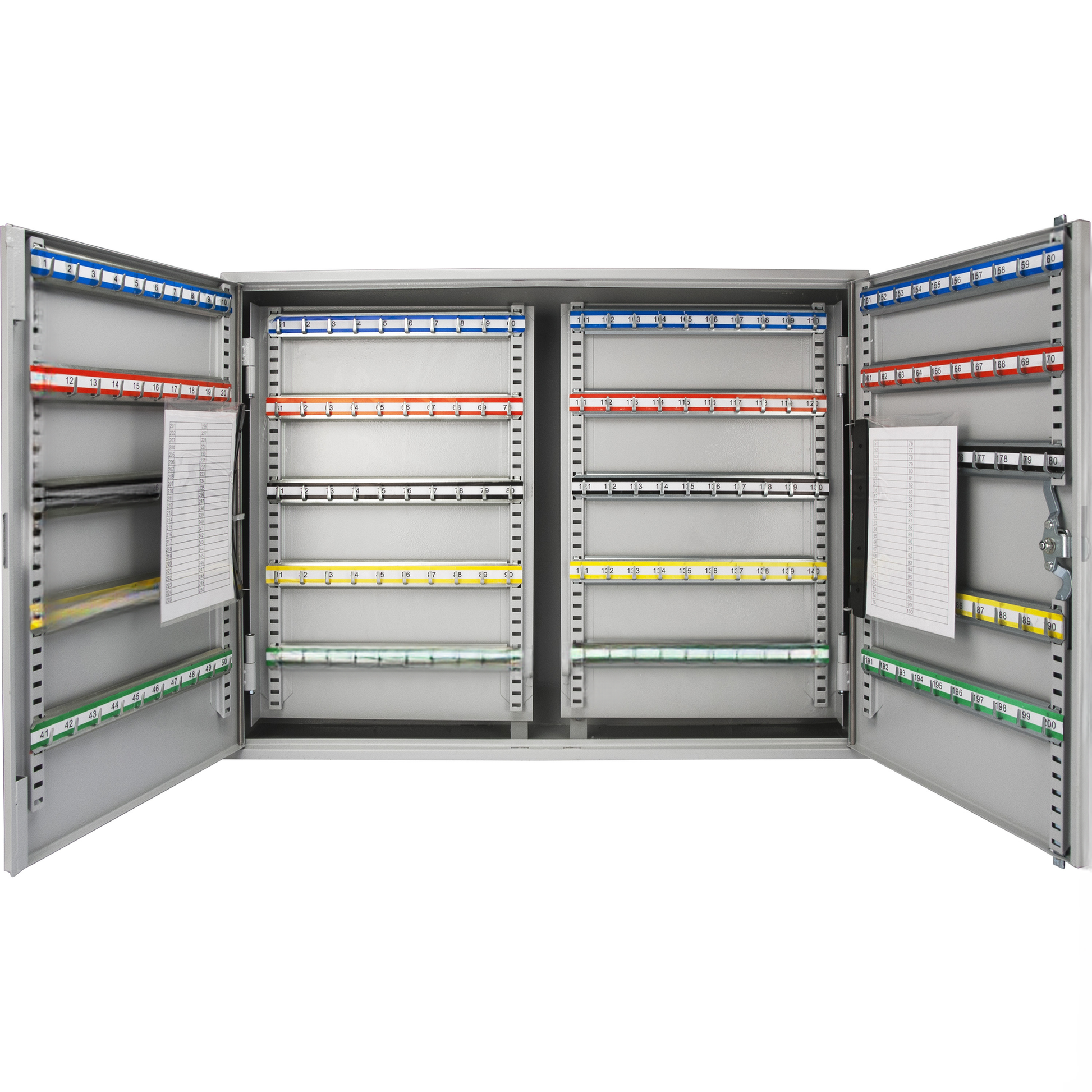Gray metal key cabinet with  numbered slots and open doors