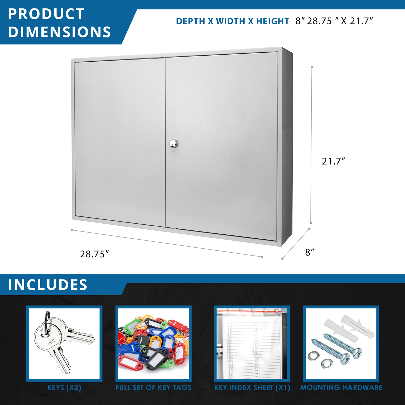 Gray metal key cabinet with silver lock  W x  H x  D