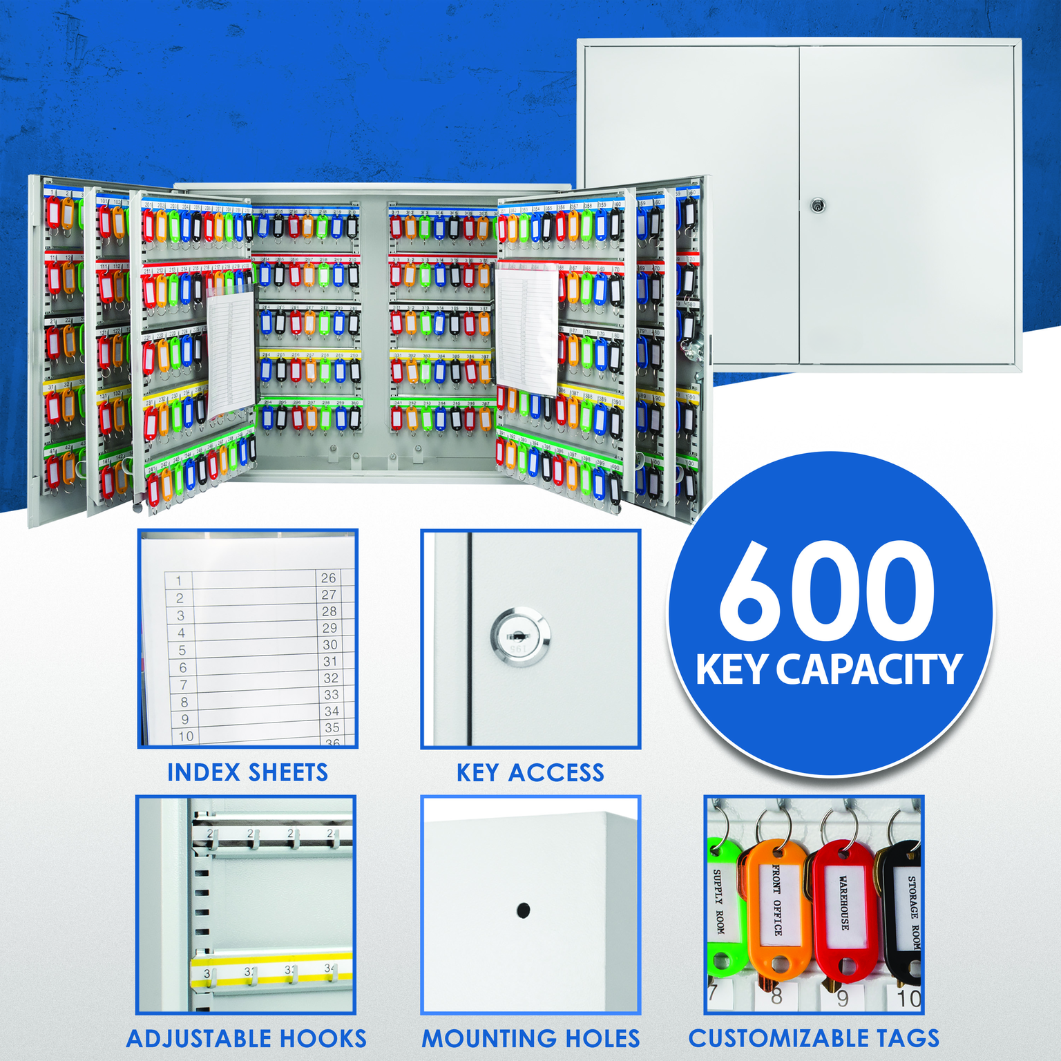 Metal key cabinet open with  key capacity and colorful tags