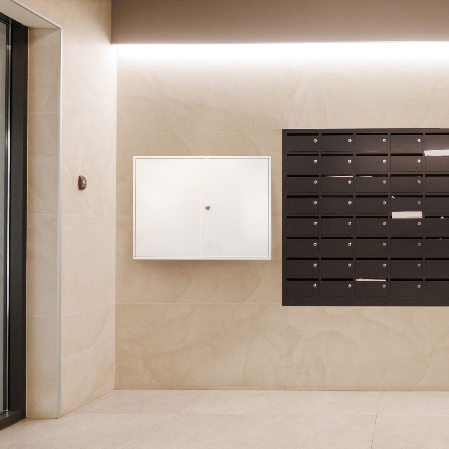 Modern black mailboxes with individual lockable compartments
