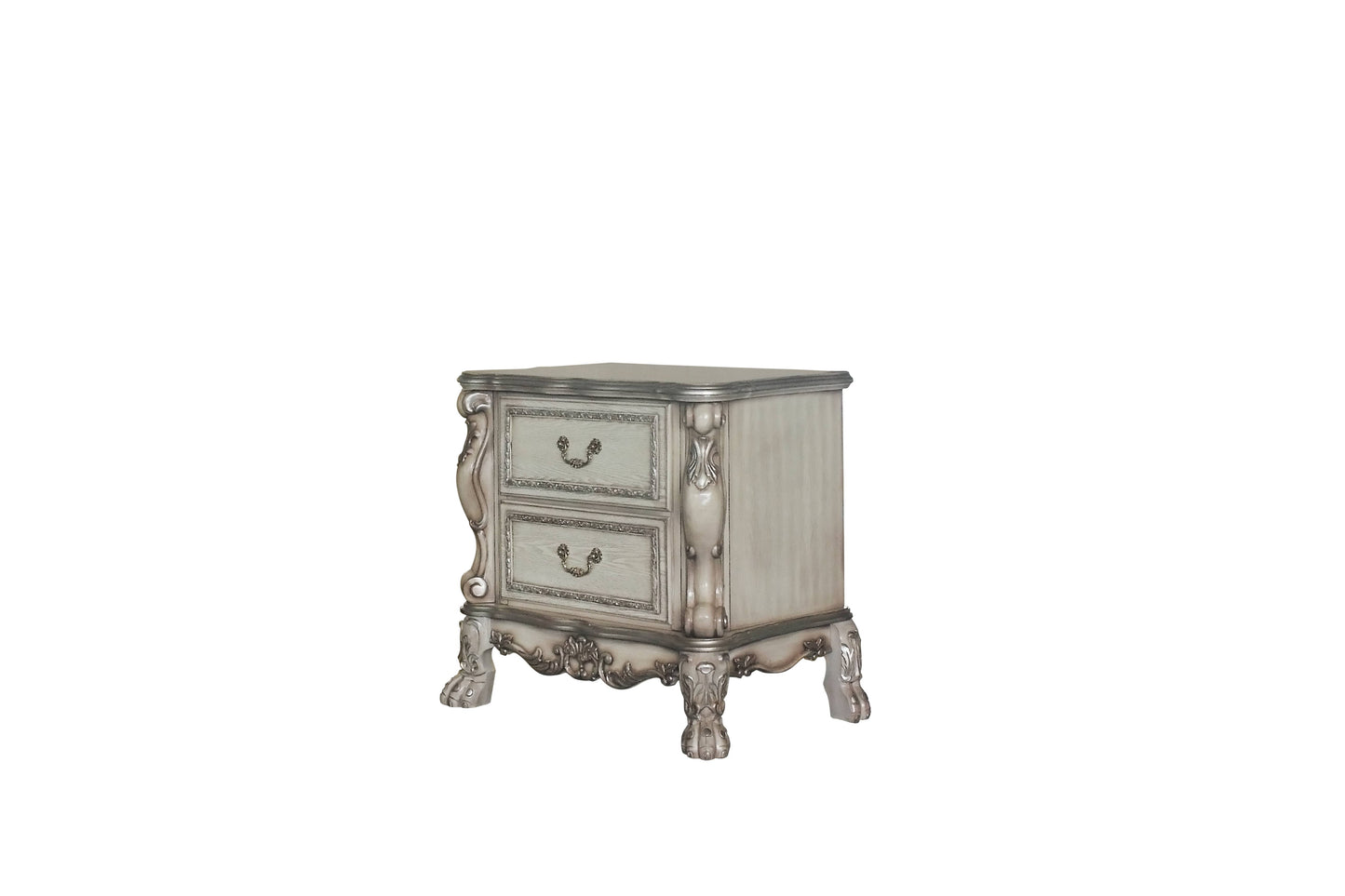 Ornate white and silver nightstand with two drawers