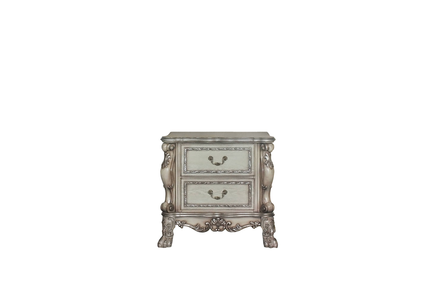 Elegant antique white nightstand with silver accents and claw feet