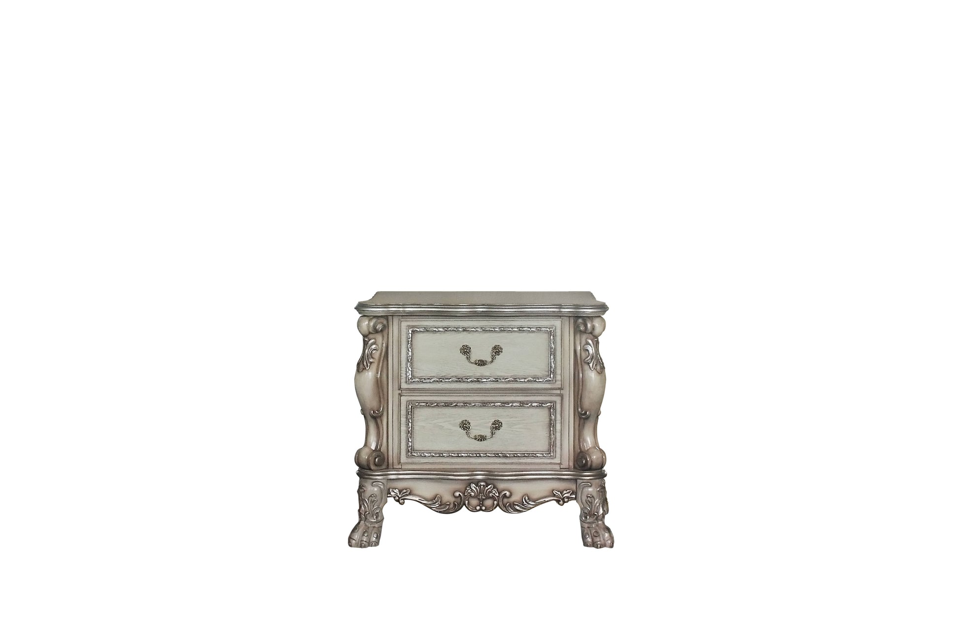 Elegant antique white nightstand with silver accents and claw feet