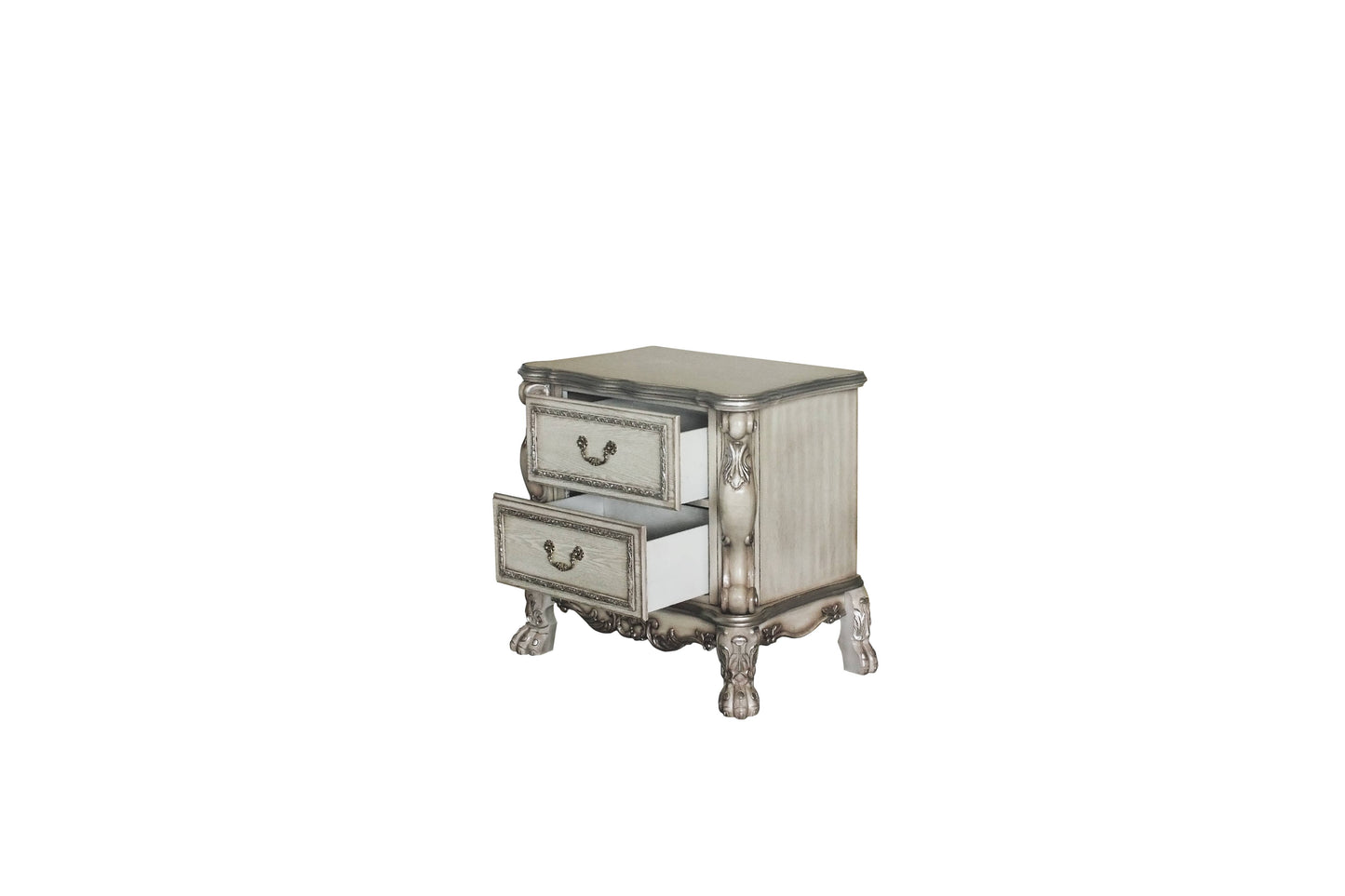 ornate silver bedside table with two drawers open