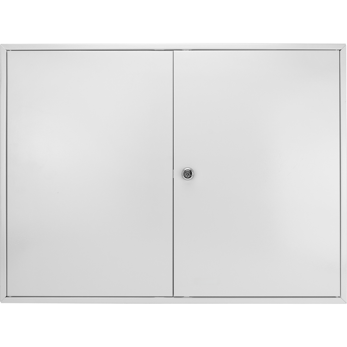 White metal medicine cabinet with dual doors and a silver lock