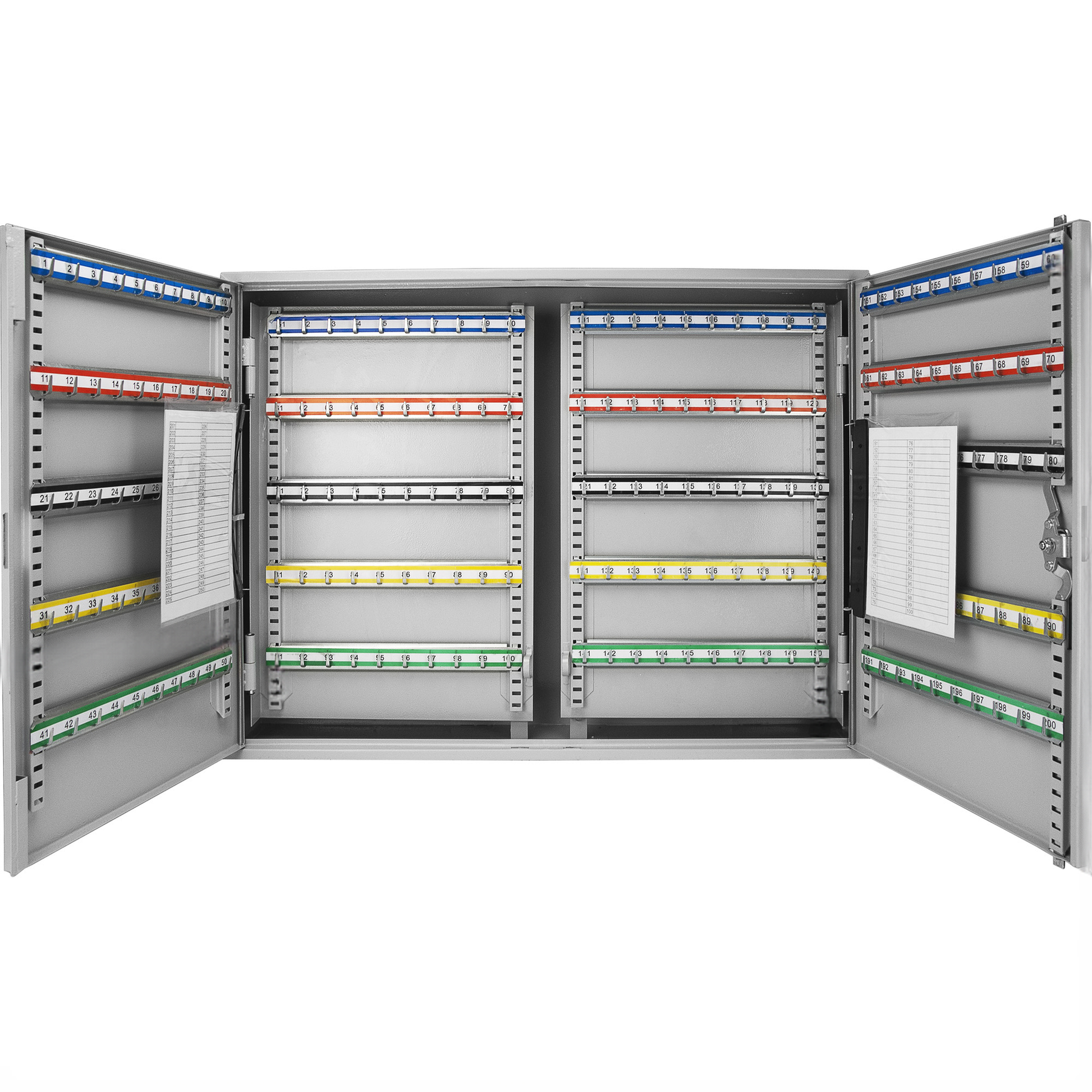 Gray metal key cabinet with  numbered slots and colorcoded key tags