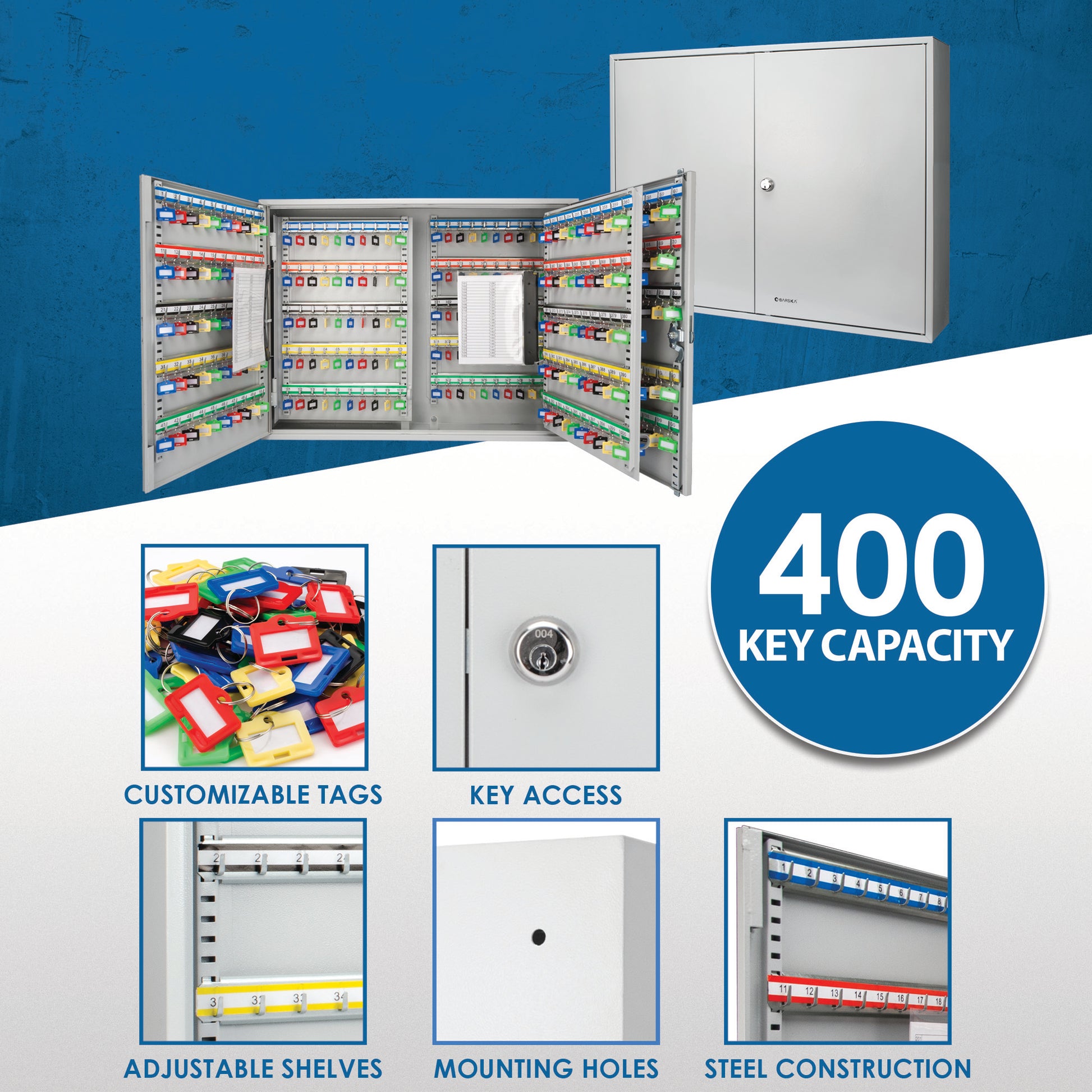 Open key cabinet with many colored key tags and numbered slots