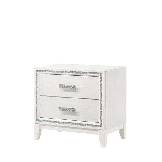 White twodrawer nightstand with silver crystal accents and brushed hardware