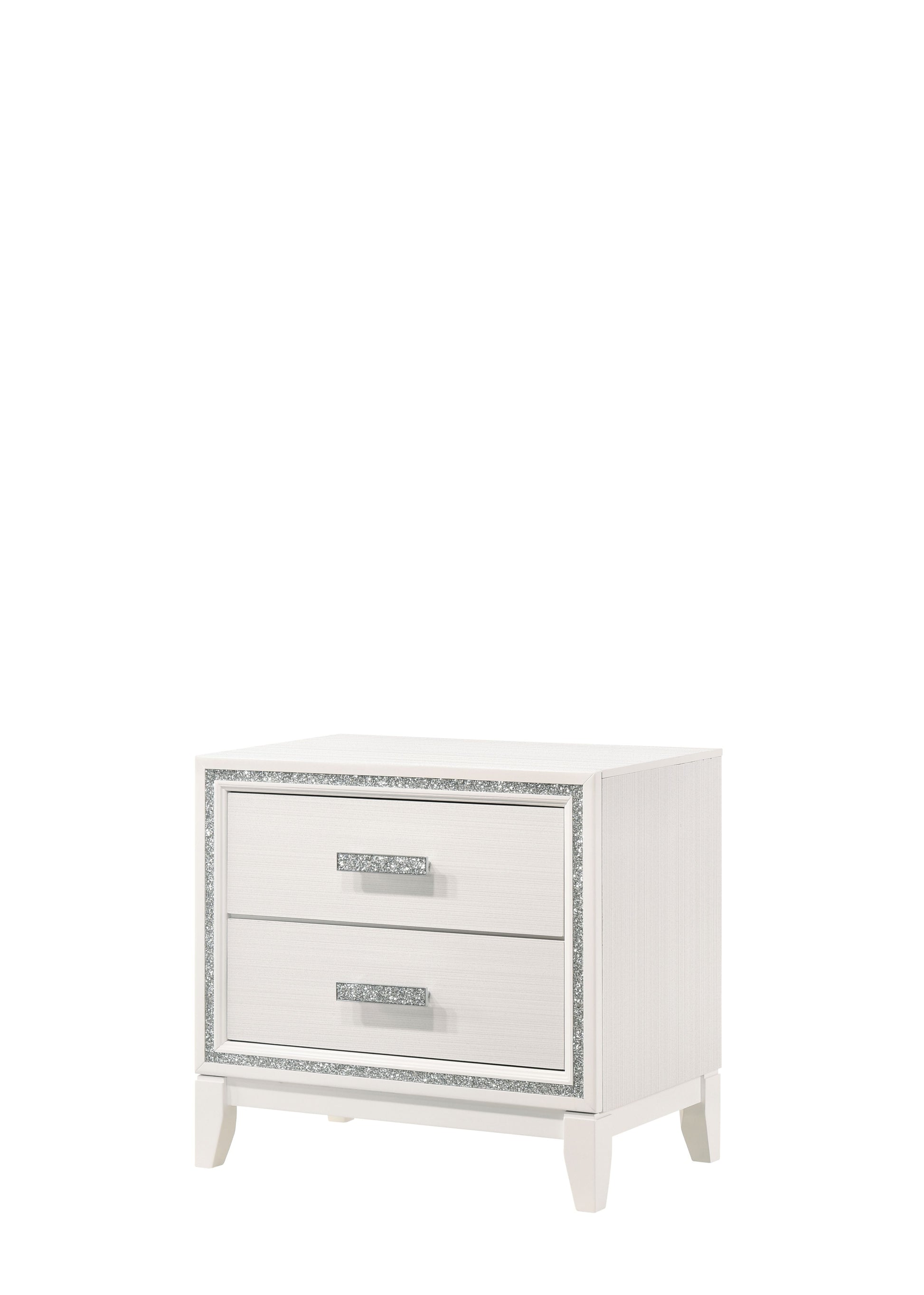 White mirrored nightstand with two drawers and crystal accents