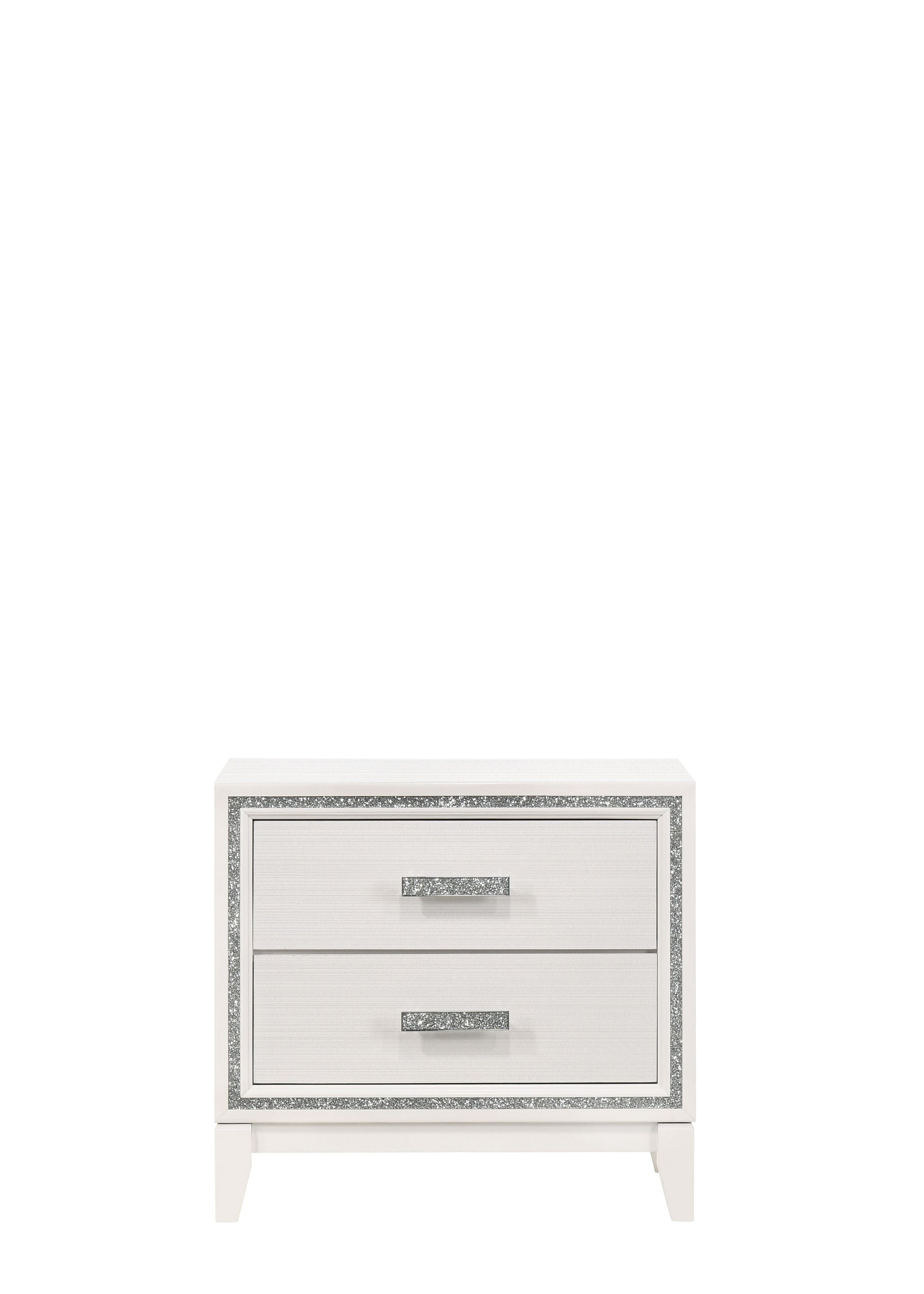 White twodrawer nightstand with crystalinlaid trim and drawer pulls