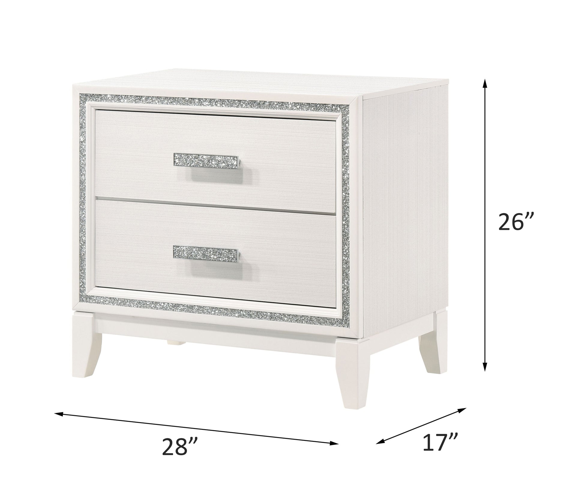 White twodrawer nightstand with crystalencrusted drawer pulls and trim