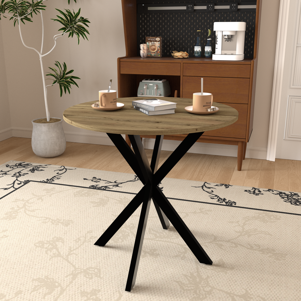 Round wood top dining table with black xshaped legs