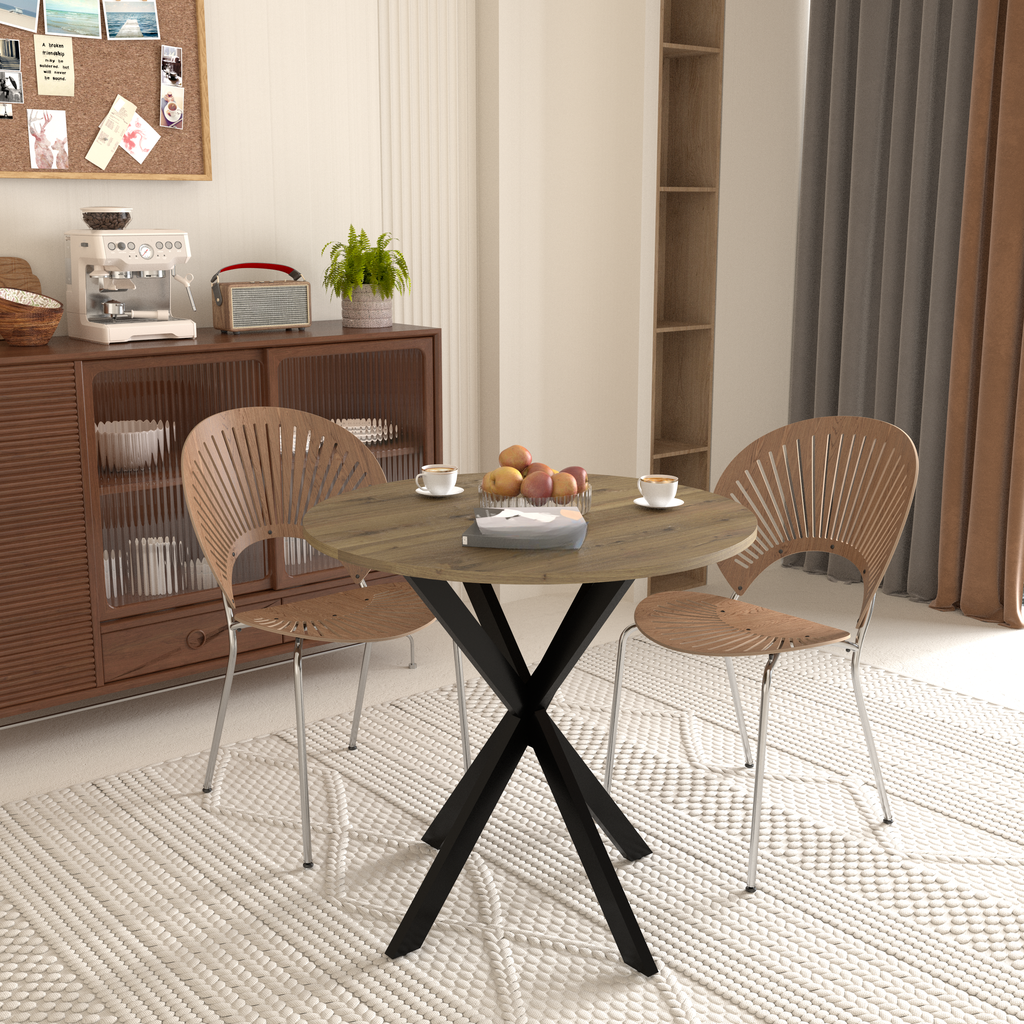 Round oak dining table with black Xbase legs
