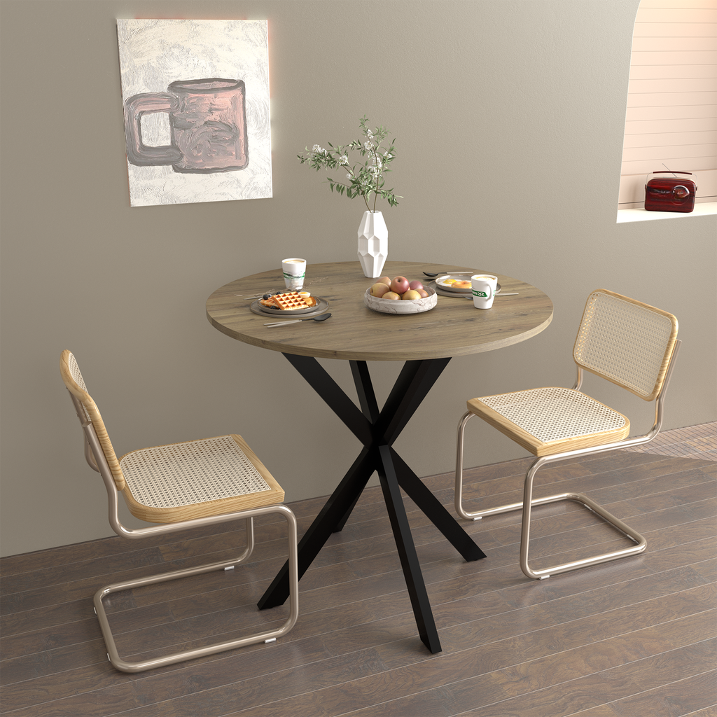 Round wood dining table with black metal Xbase