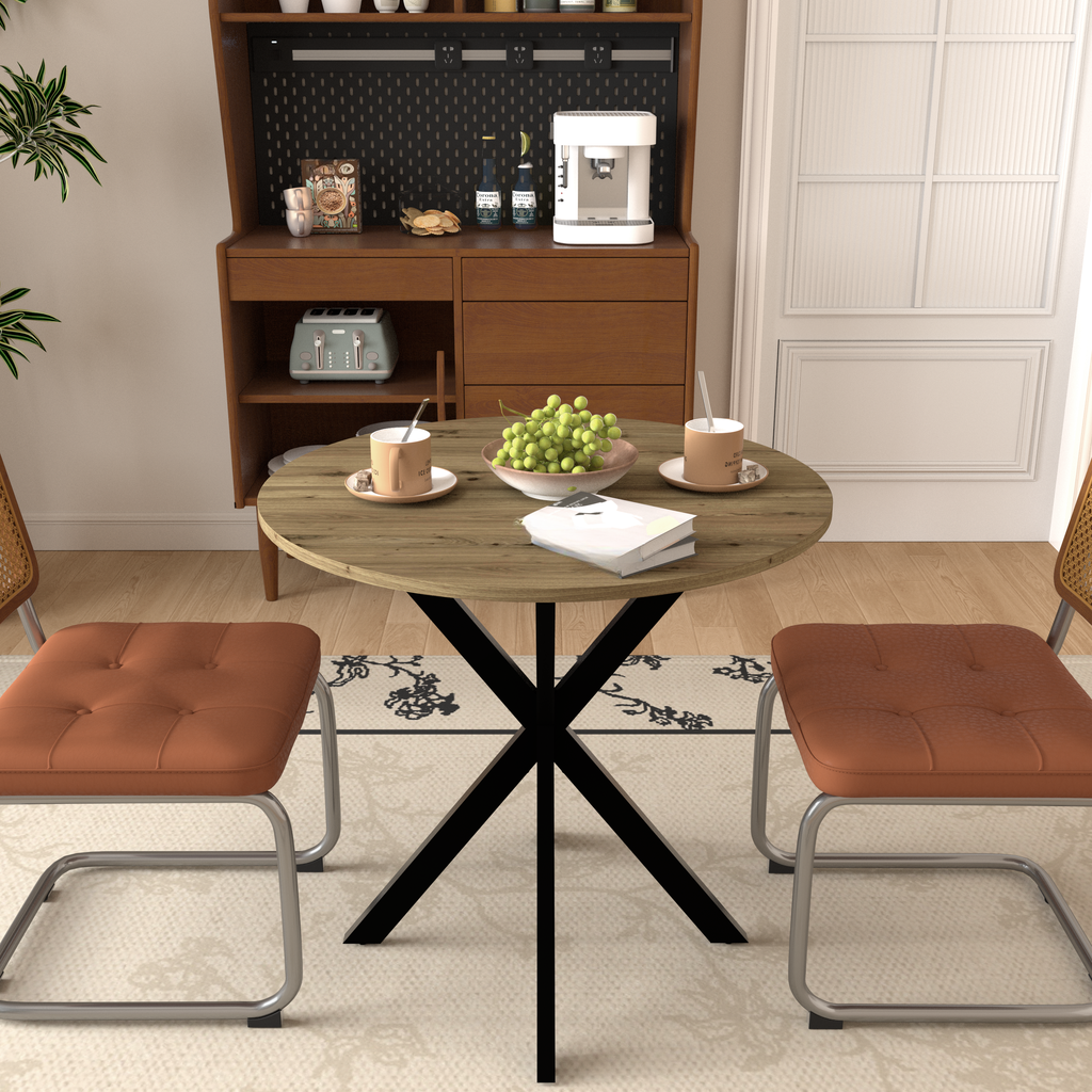 Round rustic wood dining table with black metal legs