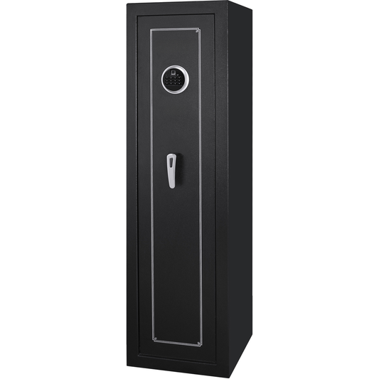 Black metal gun safe with digital lock and handle
