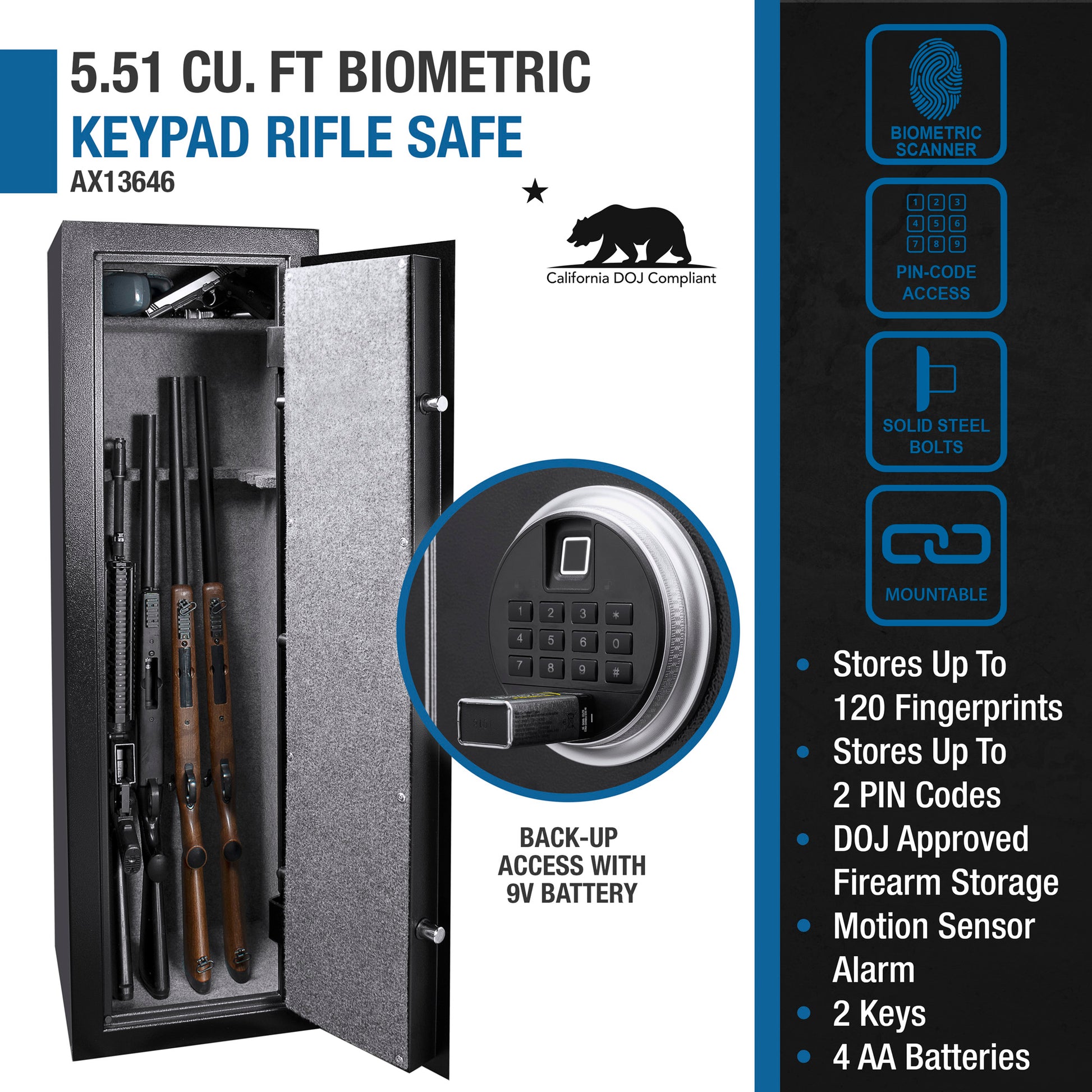 Black  cu ft biometric keypad rifle safe with internal compartment holding firearms